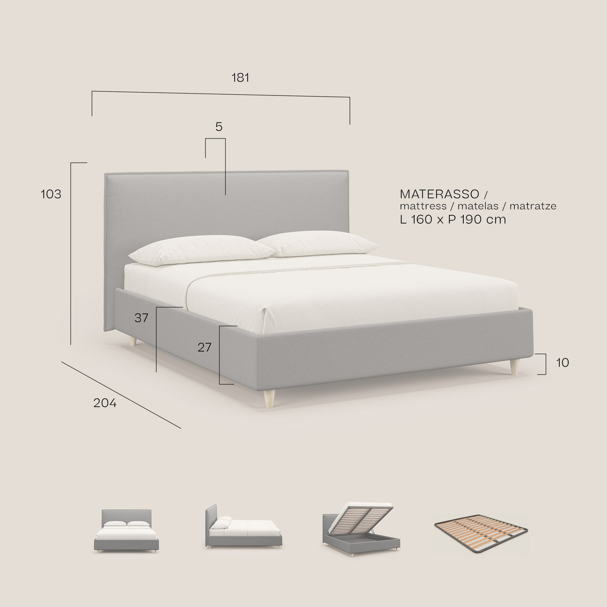 Costanza letto contenitore e sfoderabile in tessuto misto cotone impermeabile T13 azzurro - divani.store