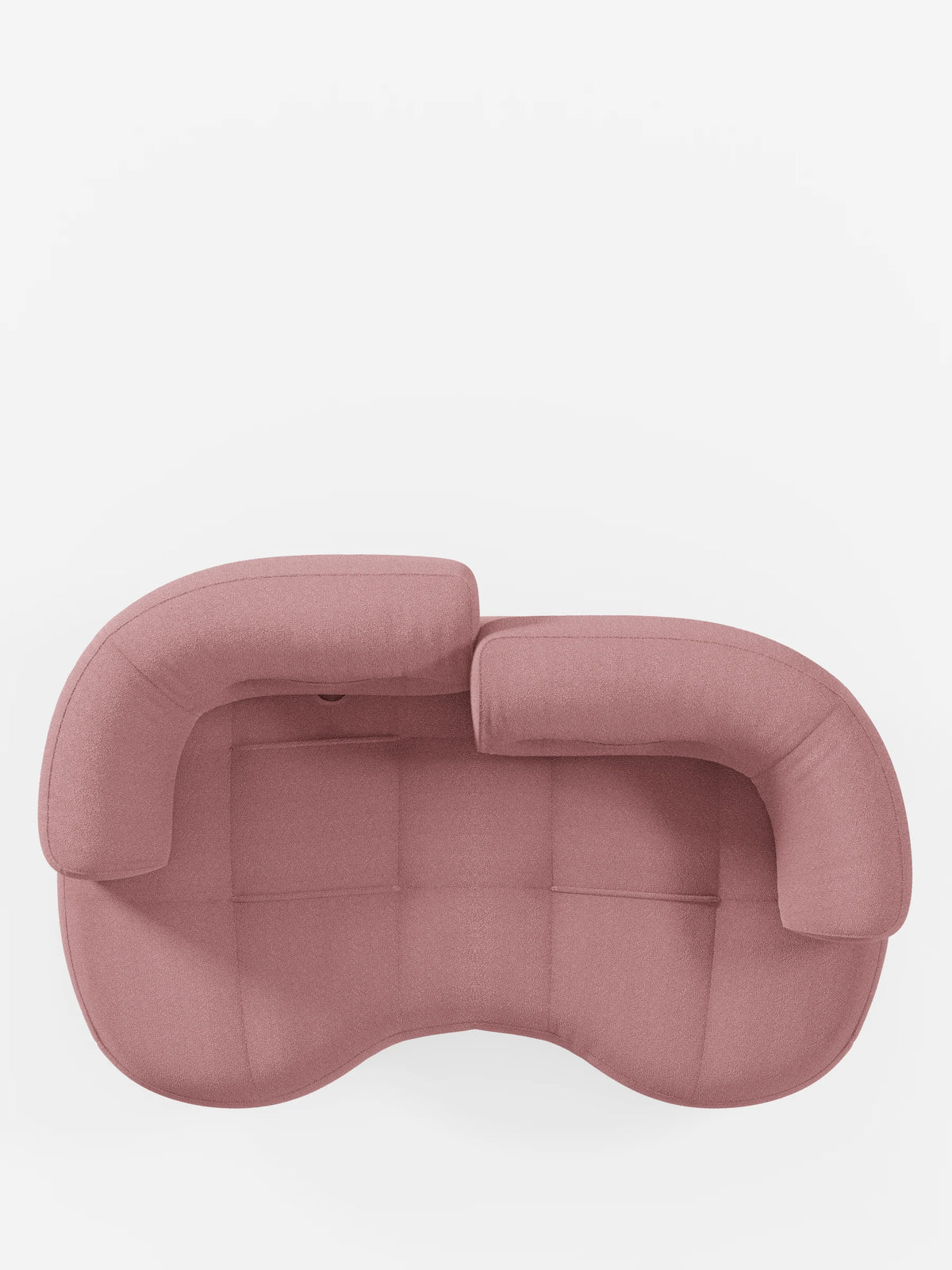 Vista dall'alto di un divano Curvato a fagiolo “Croissant” a 3 posti con schienali regolabili, rivestito in morbido tessuto effetto cotone lavabile T33, di colore rosa antico, con seduta trapuntata e due schienali regolabili su sfondo bianco.