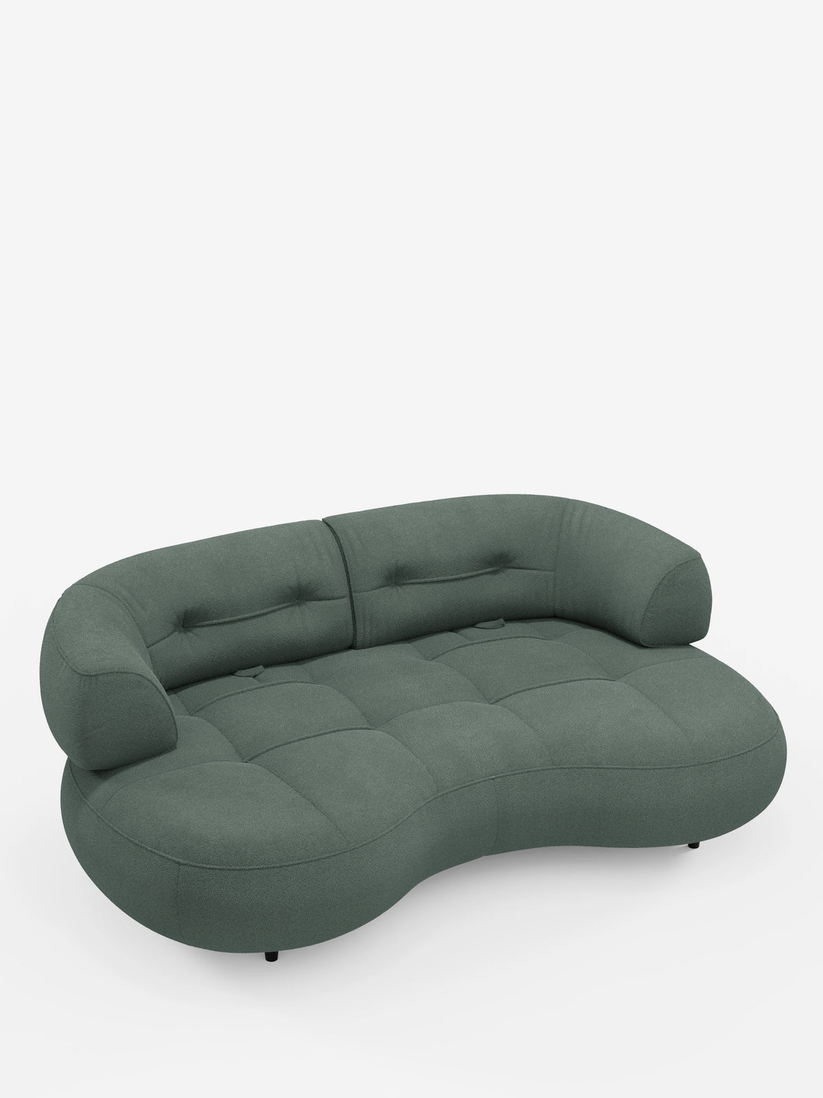 Croissant, divano curvo a forma di fagiolo a 3 posti con schienali regolabili, rivestito in morbido tessuto effetto cotone lavabile T33: un divano a tre posti a forma di fagiolo in tessuto verde salvia testurizzato, con seduta profondamente trapuntata e due cuscini dello schienale regolabili.
