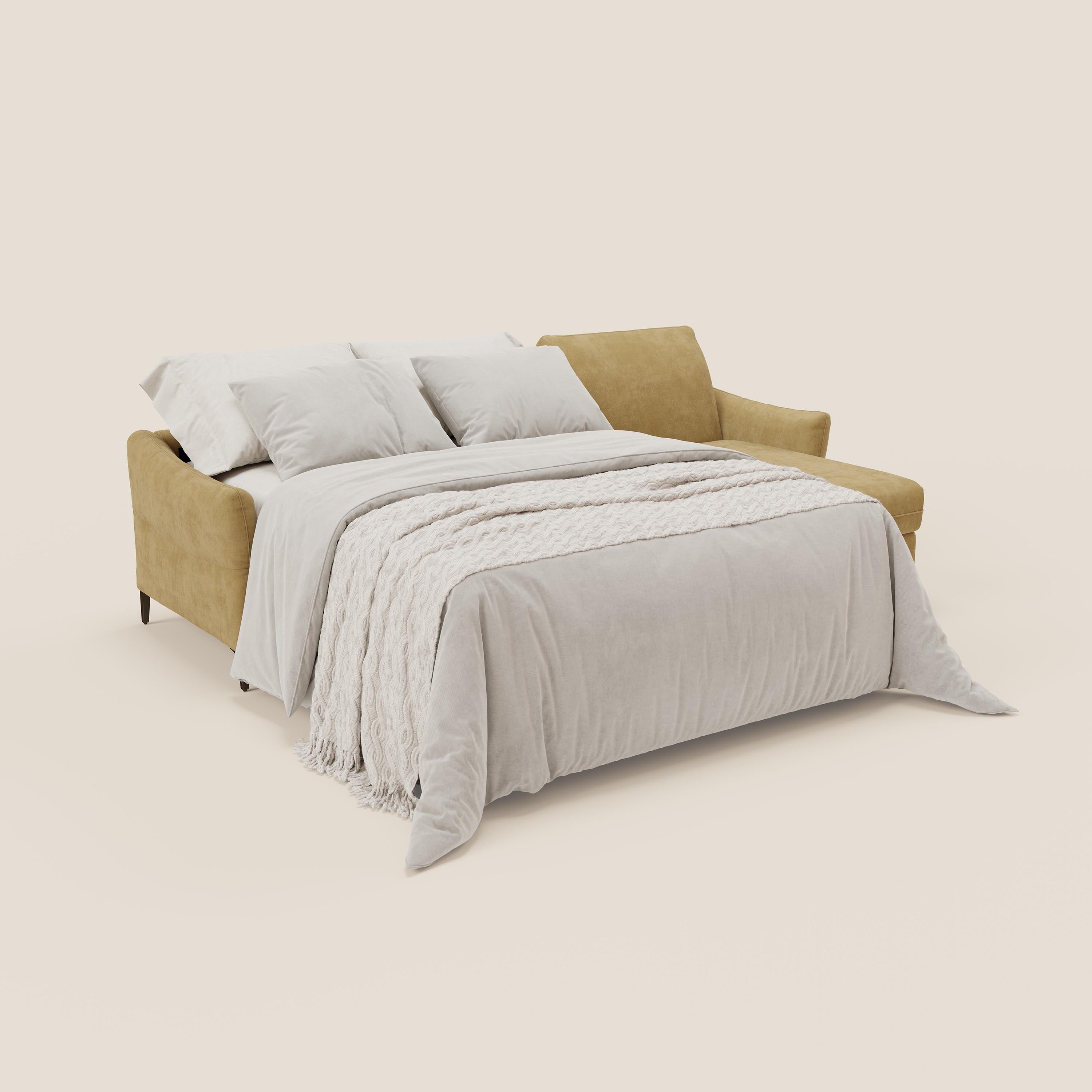 Dalia divano letto angolare con materasso alto 18 cm piedini alti e penisola contenitore in tessuto smacchiabile T17 - divani.store