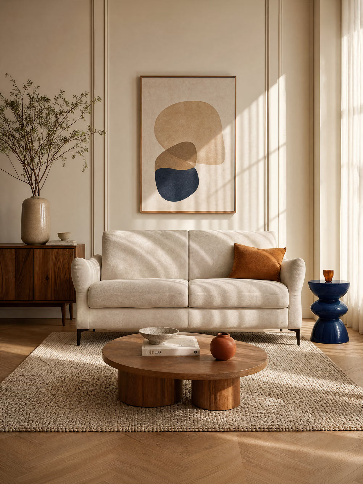 Un divano letto Dalia beige a 2, 3 e 4 posti con materasso H18, rivestito in un moderno tessuto vellutato antimacchia T30 di Divani.Store, è impreziosito da un cuscino color ruggine e posizionato davanti a una parete rivestita di pannelli color crema. Sopra, un’opera d’arte astratta aggiunge un tocco di interesse visivo. Lo spazio è arredato con un tavolino rotondo in legno, un tappeto dalla trama rigata, una credenza con un vaso e dei rami e un tavolino blu su cui è posata una candela. La luce del sole