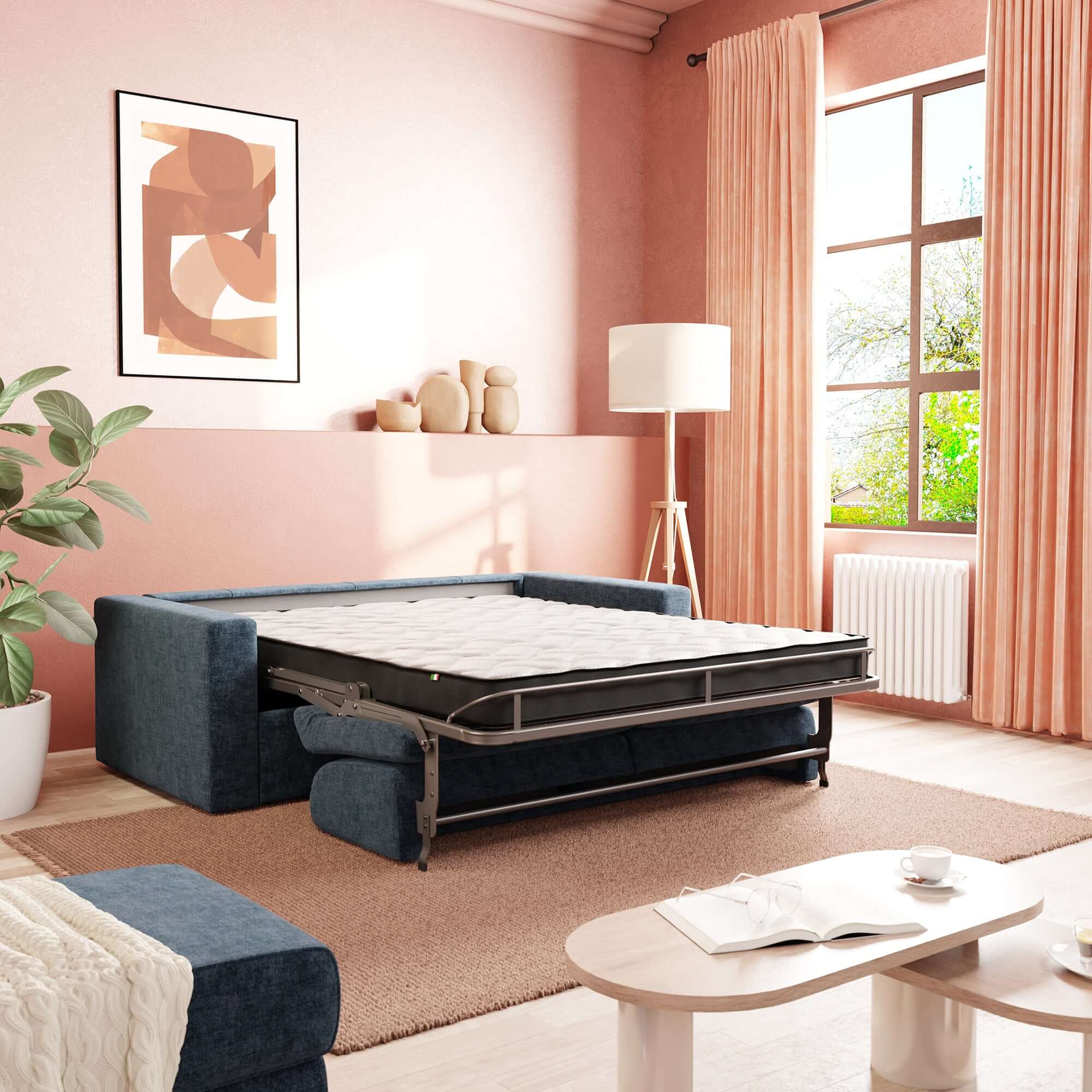Diomede Divano letto matrimoniale in velluto easy clean sfoderabile - design moderno e comfort in T35 blu