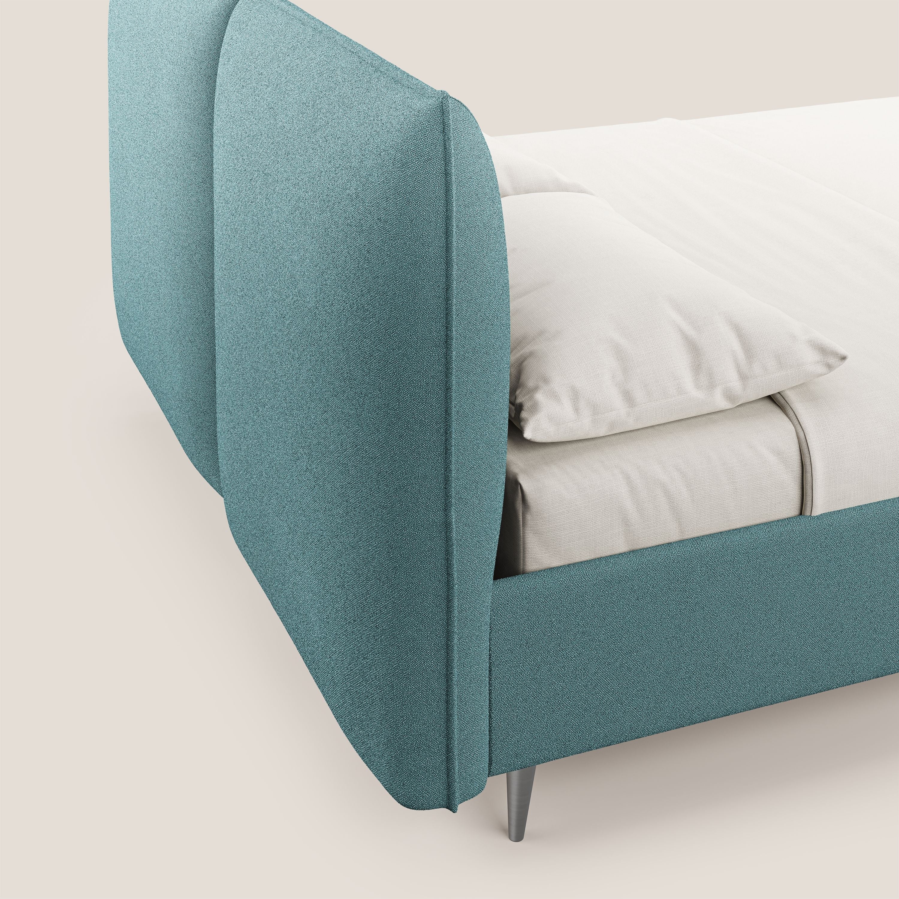 Adone letto imbottito contenitore a doppia pannellatura in bouclet impermeabile T07 azzurro - divani.store