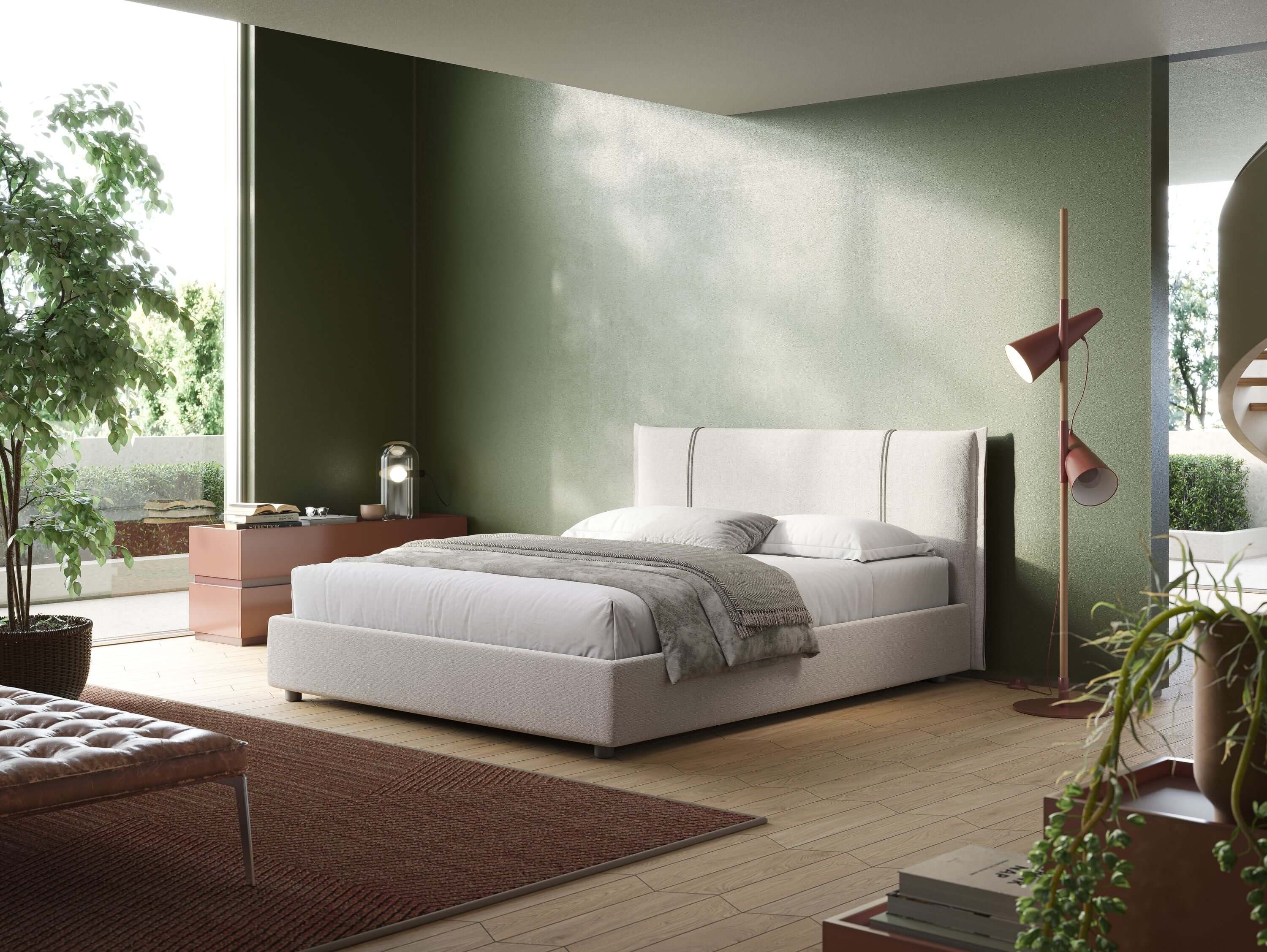 Alicia letto imbottito con vano contenitore in tessuto impermeabile T14 panna - divani.store