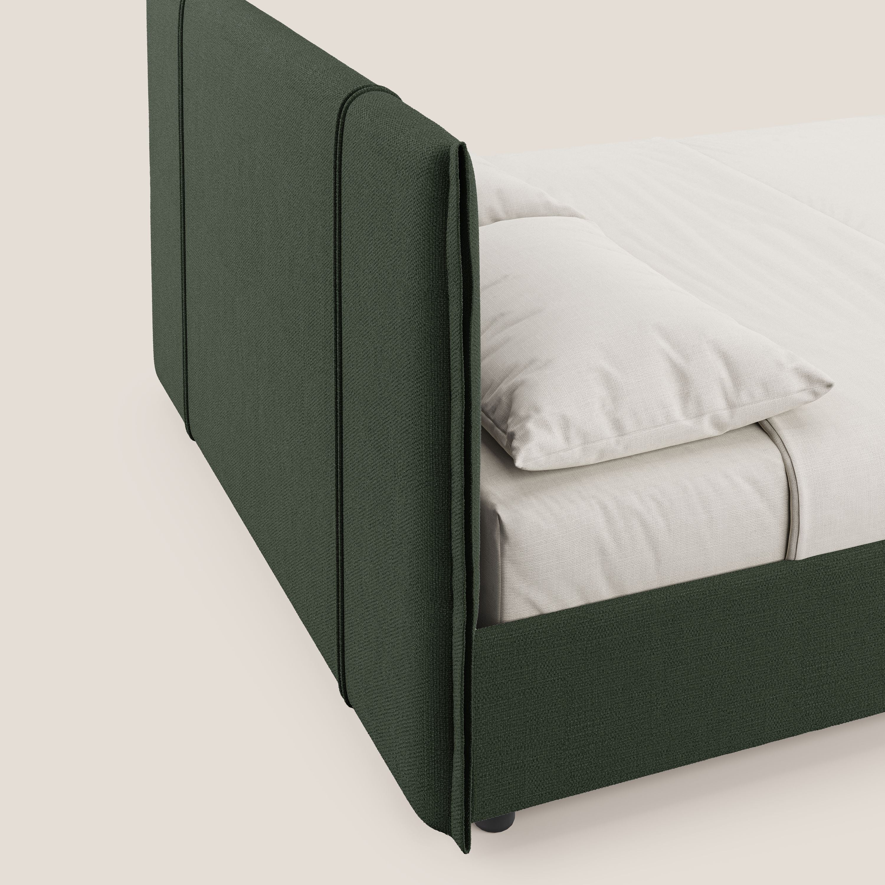 Alicia letto imbottito con vano contenitore in tessuto impermeabile T14 verde - divani.store