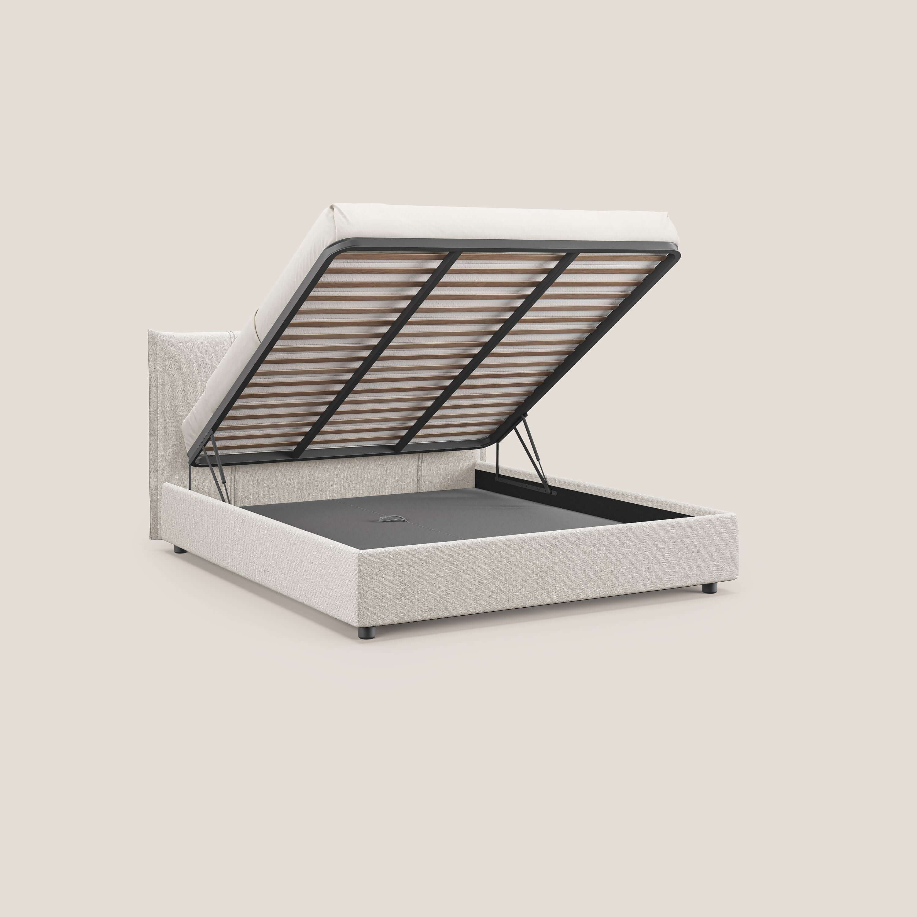 Alicia letto imbottito con vano contenitore in tessuto impermeabile T14 panna - divani.store