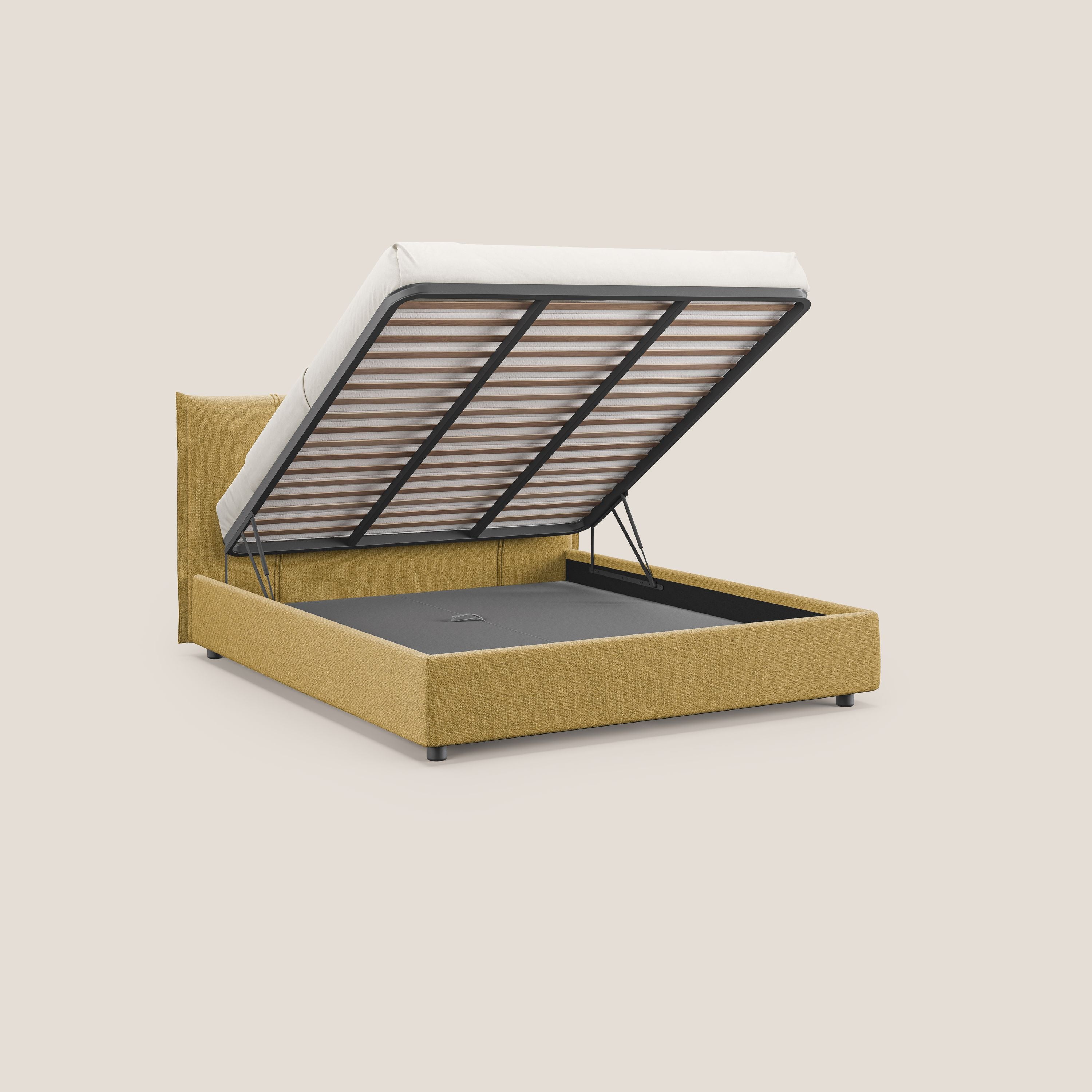 Alicia letto imbottito con vano contenitore in tessuto impermeabile T14 giallo - divani.store