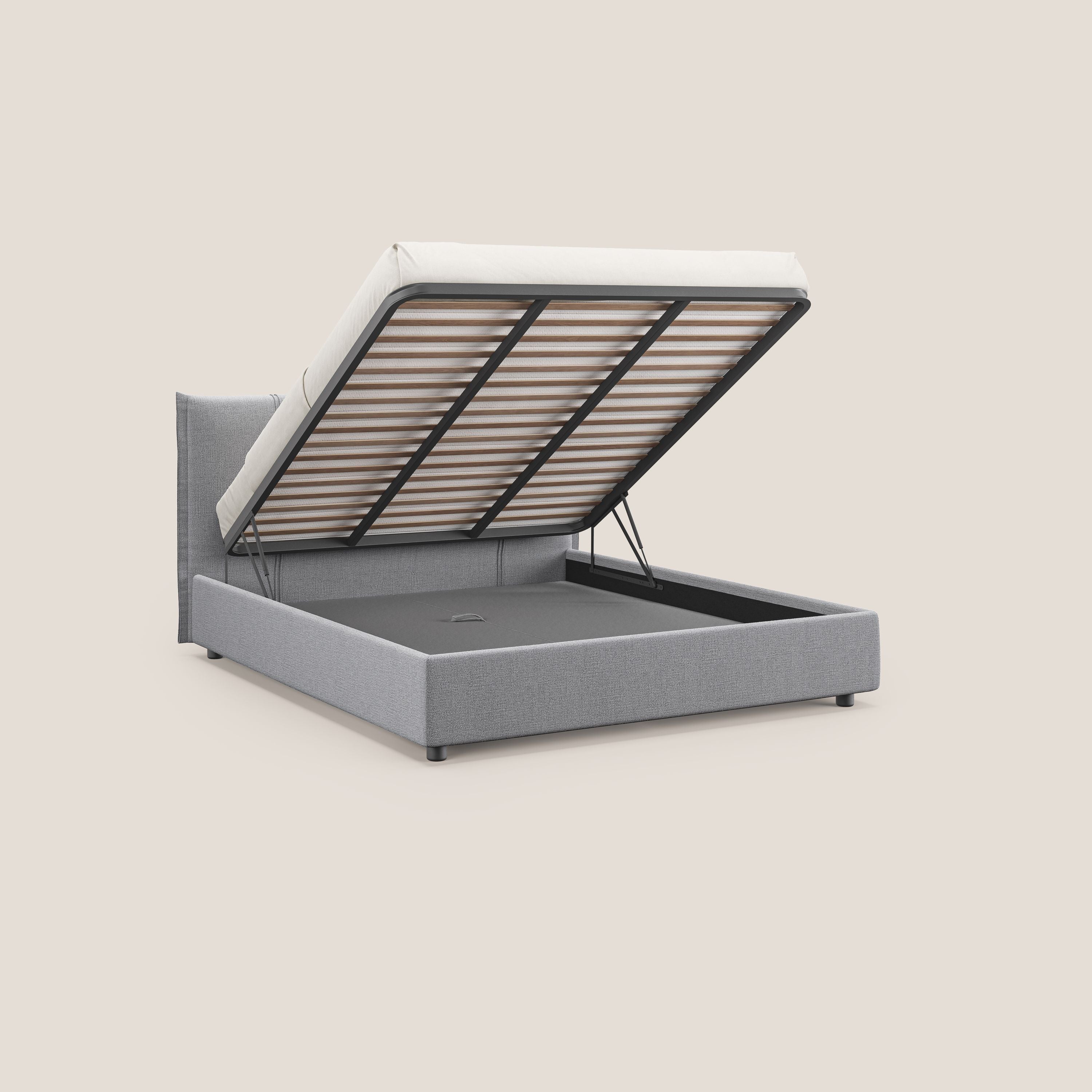 Alicia letto imbottito con vano contenitore in tessuto impermeabile T14 grigio chiaro - divani.store
