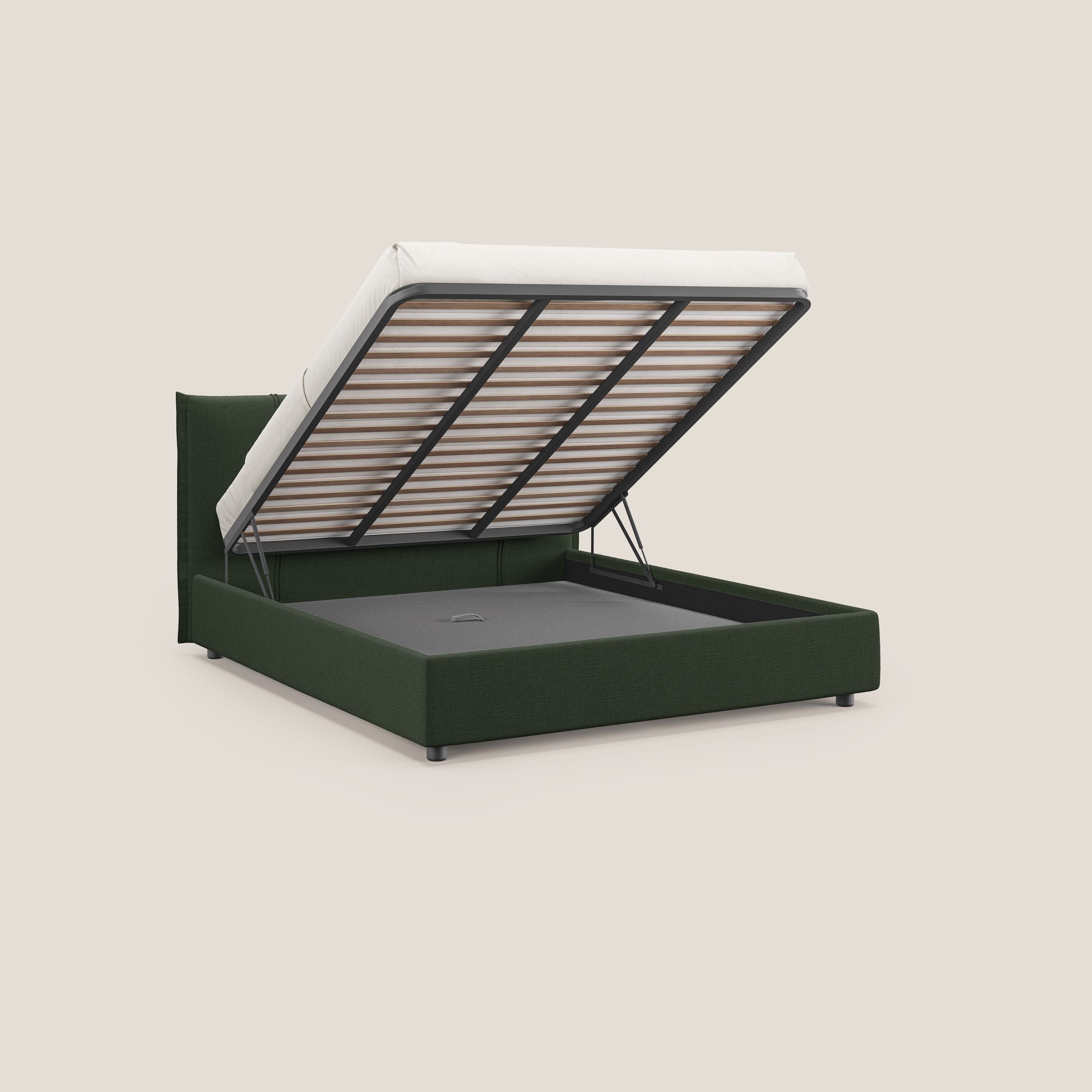 Alicia letto imbottito con vano contenitore in tessuto impermeabile T14 verde - divani.store