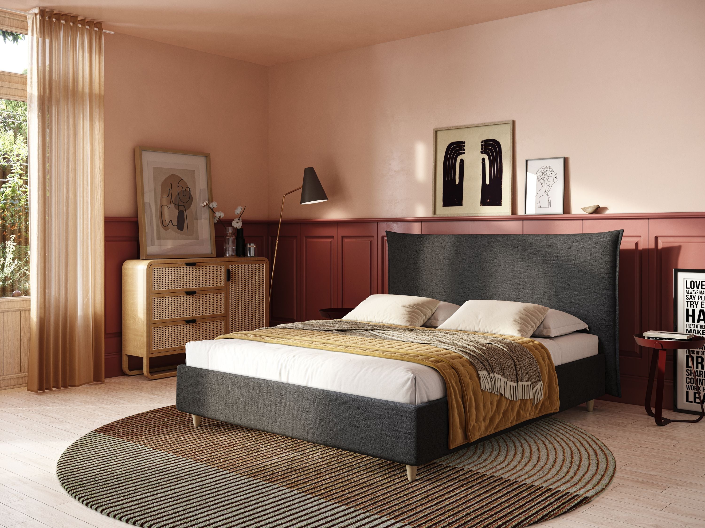 Audrey letto imbottito contenitore e sfoderabile in tessuto fiammato impermeabile T03 antracite - divani.store