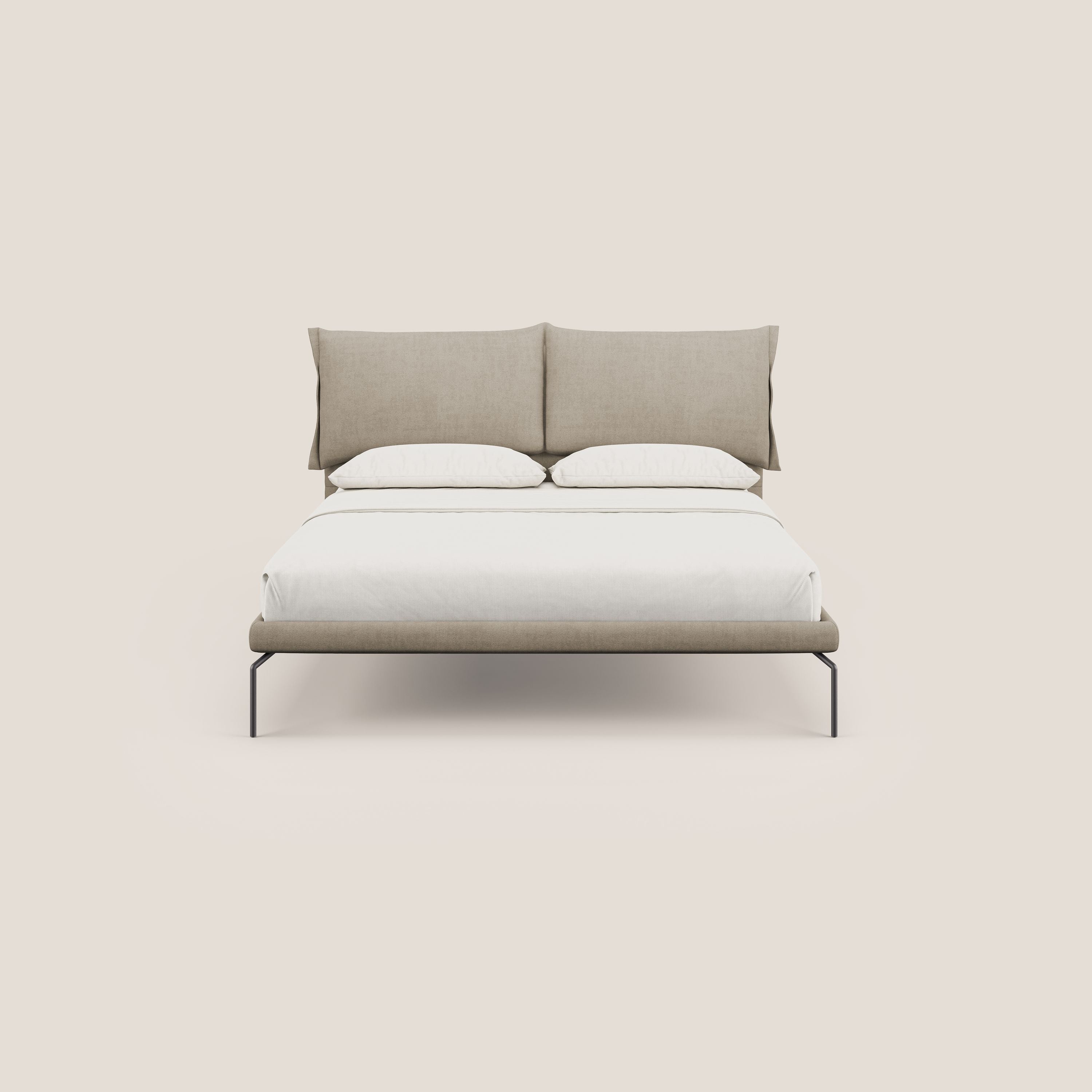 Bice letto imbottito con cuscini e piedi alti in metallo in tessuto impermeabile T02 beige - divani.store