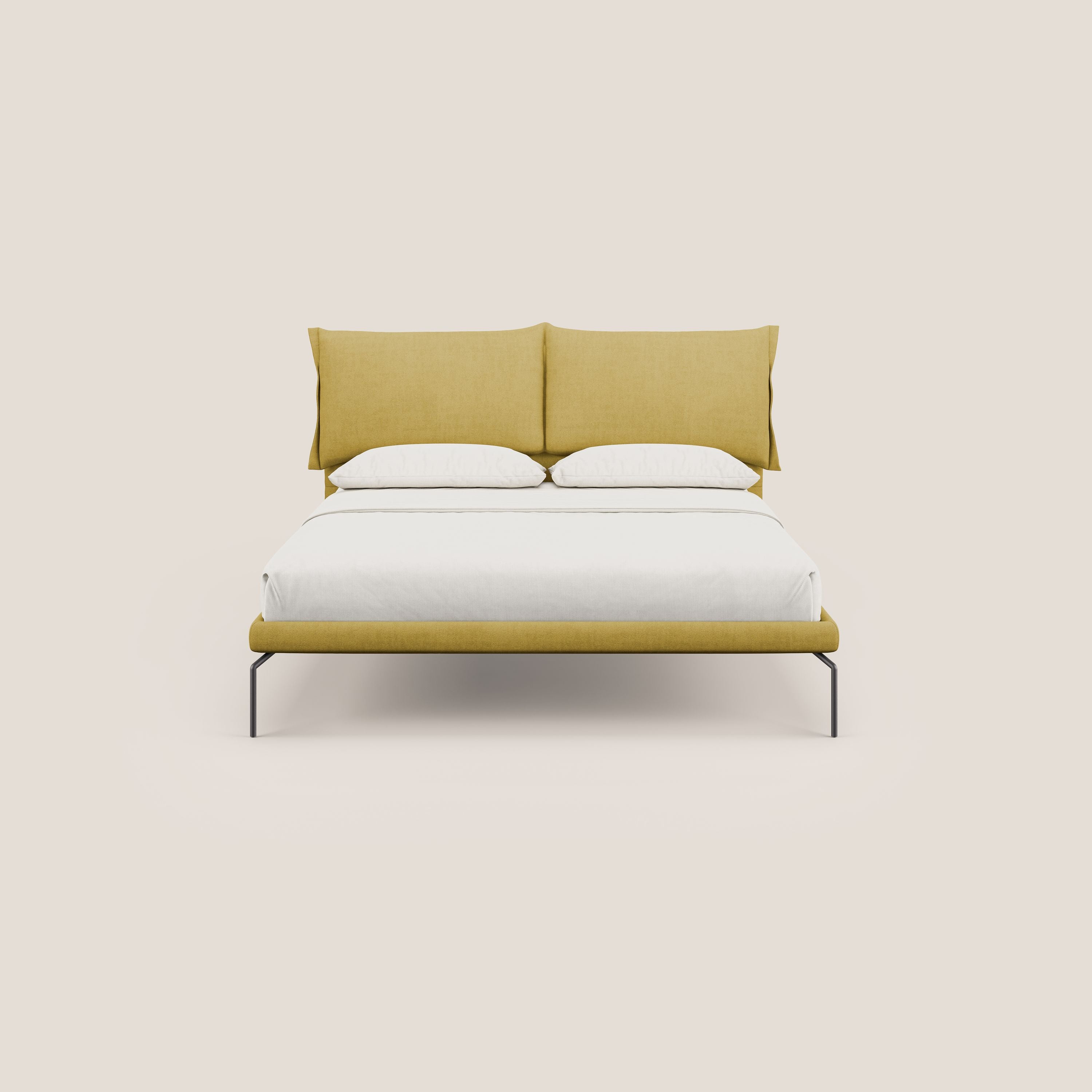Bice letto imbottito con cuscini e piedi alti in metallo in tessuto impermeabile T02 giallo - divani.store