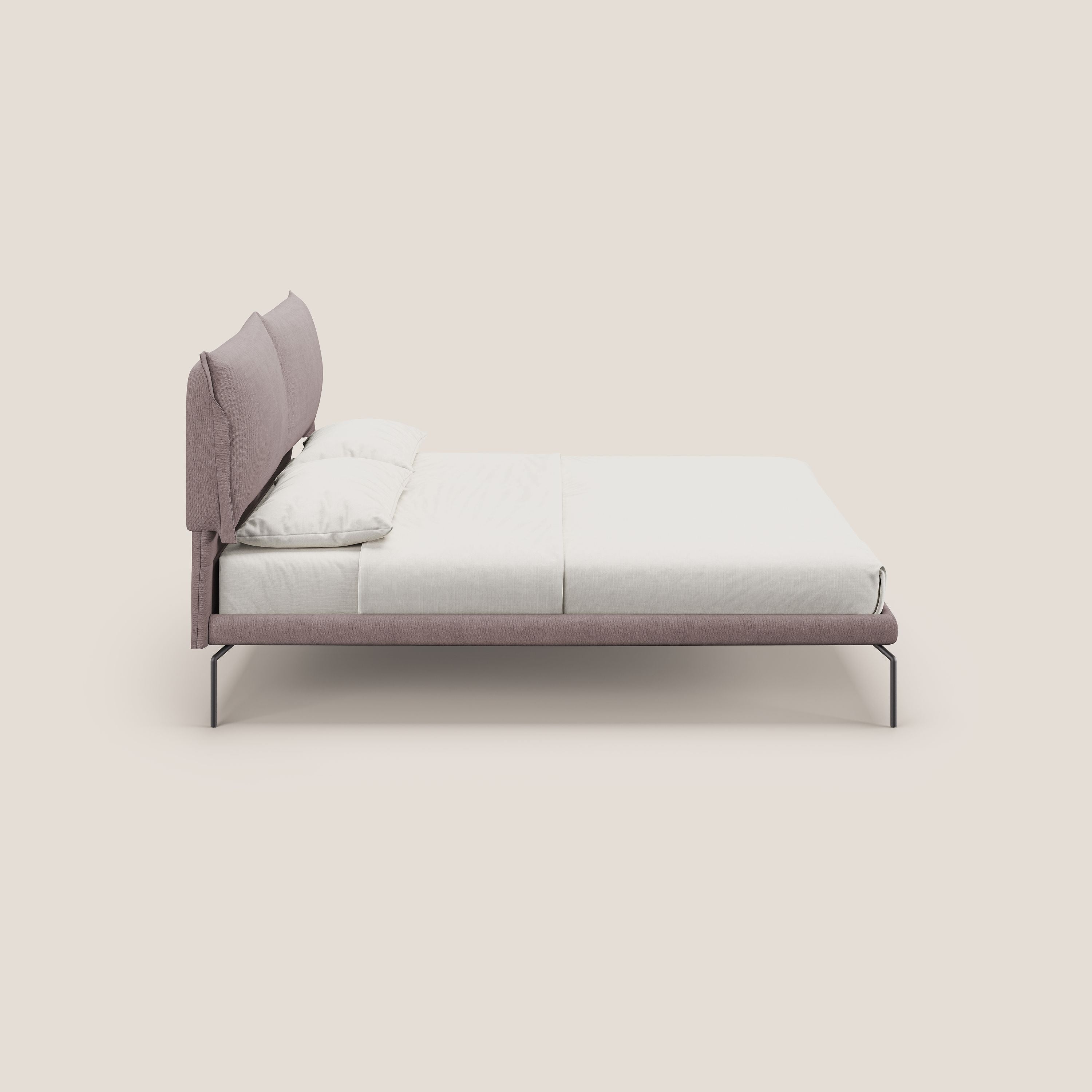 Bice letto imbottito con cuscini e piedi alti in metallo in tessuto impermeabile T02 rosa - divani.store