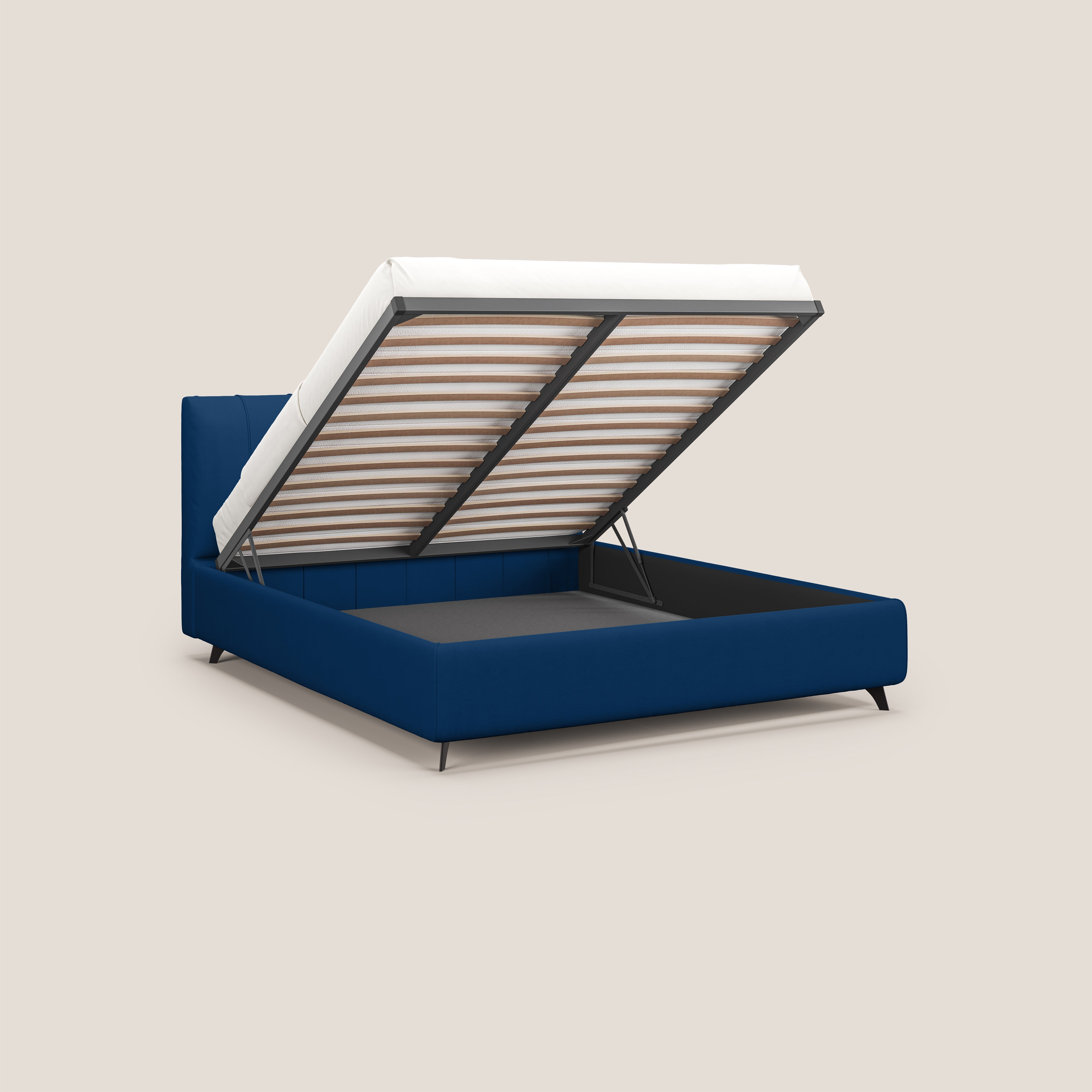 Bogart letto imbottito contenitore completamente sfoderabile in microfibra smacchiabile T11 blu - divani.store
