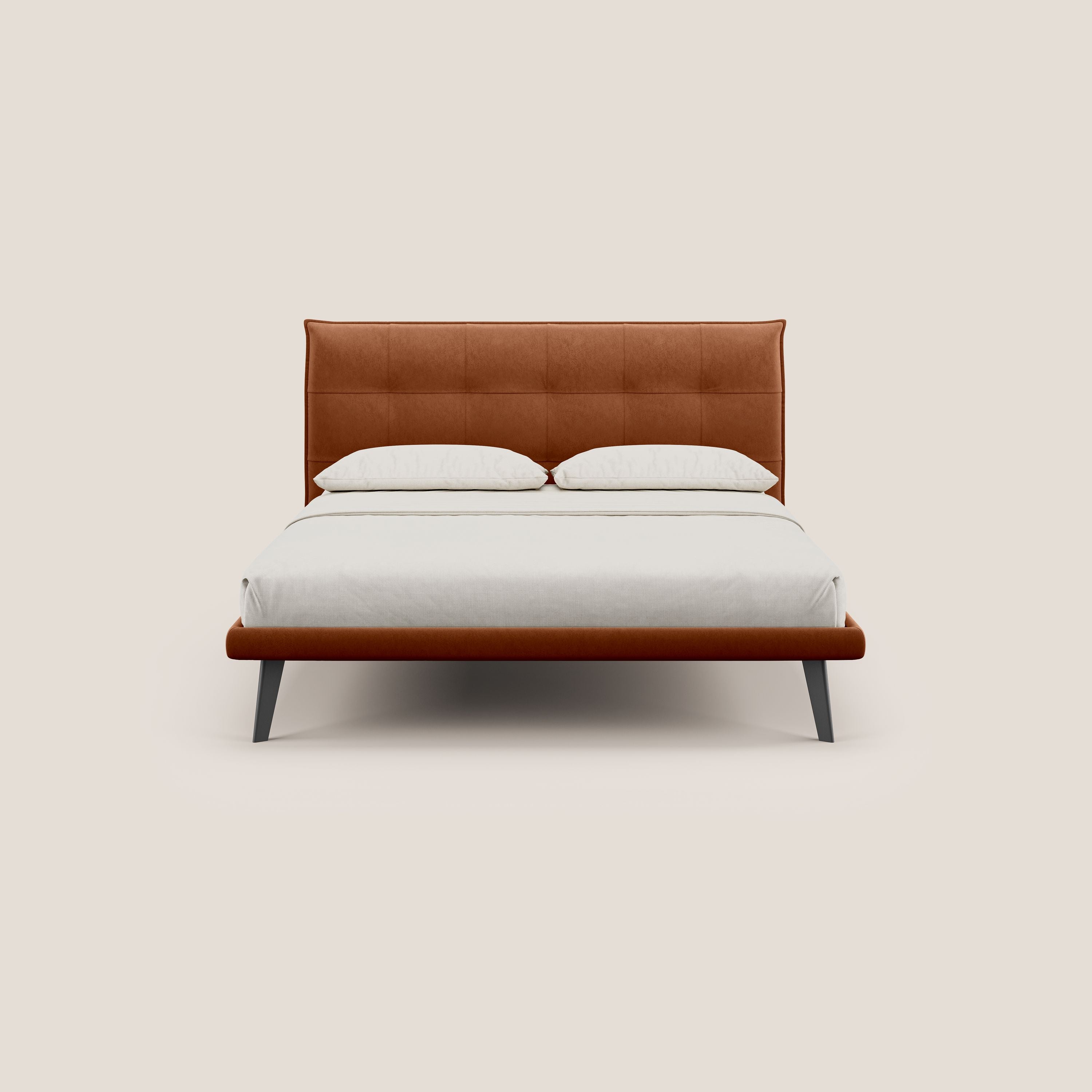 Brigitte letto con testata trapuntata piedi alti in mogano e tessuto impermeabile T09 ruggine - divani.store