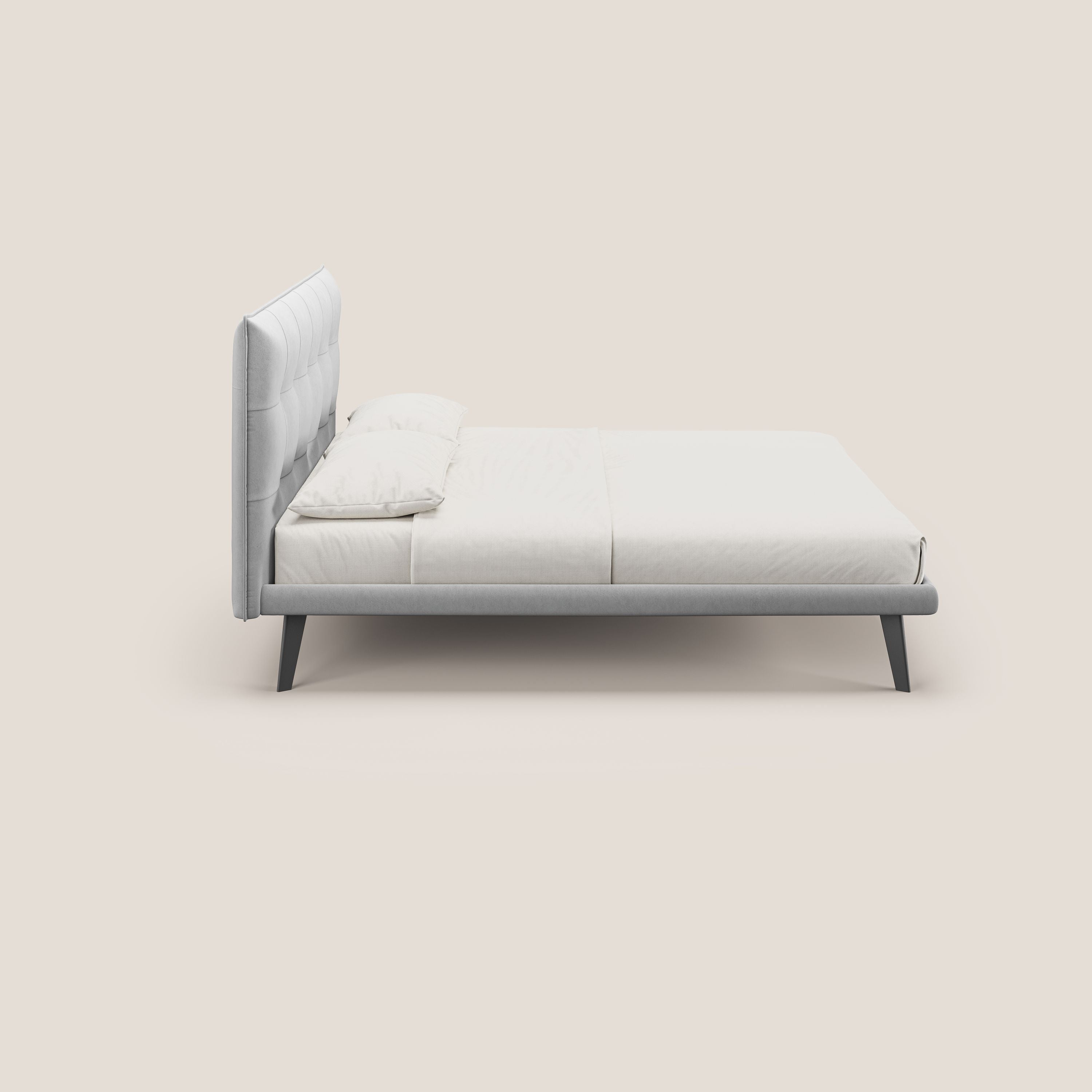 Brigitte letto con testata trapuntata piedi alti in mogano e tessuto impermeabile T09 grigio chiaro - divani.store