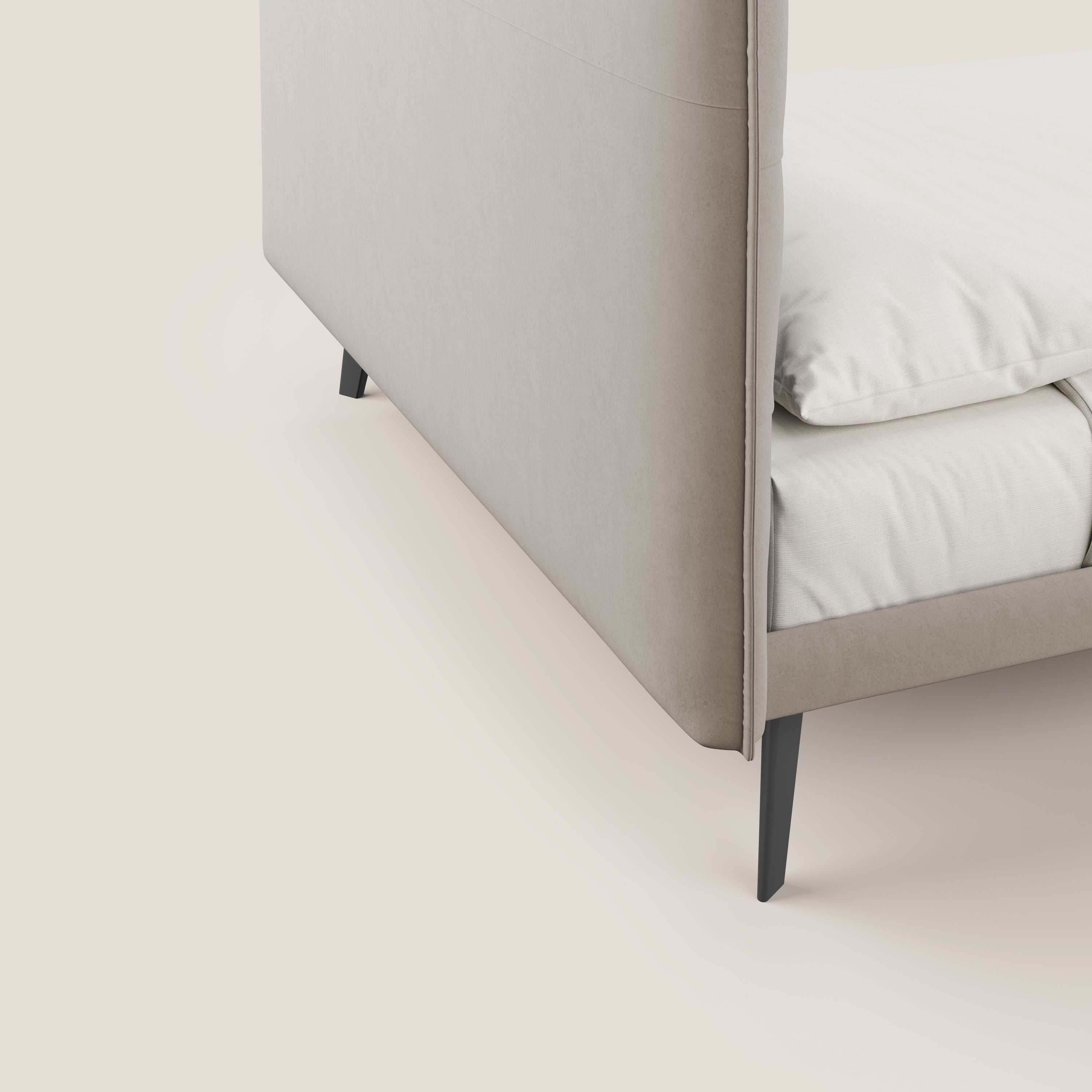 Brigitte letto con testata trapuntata piedi alti in mogano e tessuto impermeabile T09 tortora - divani.store