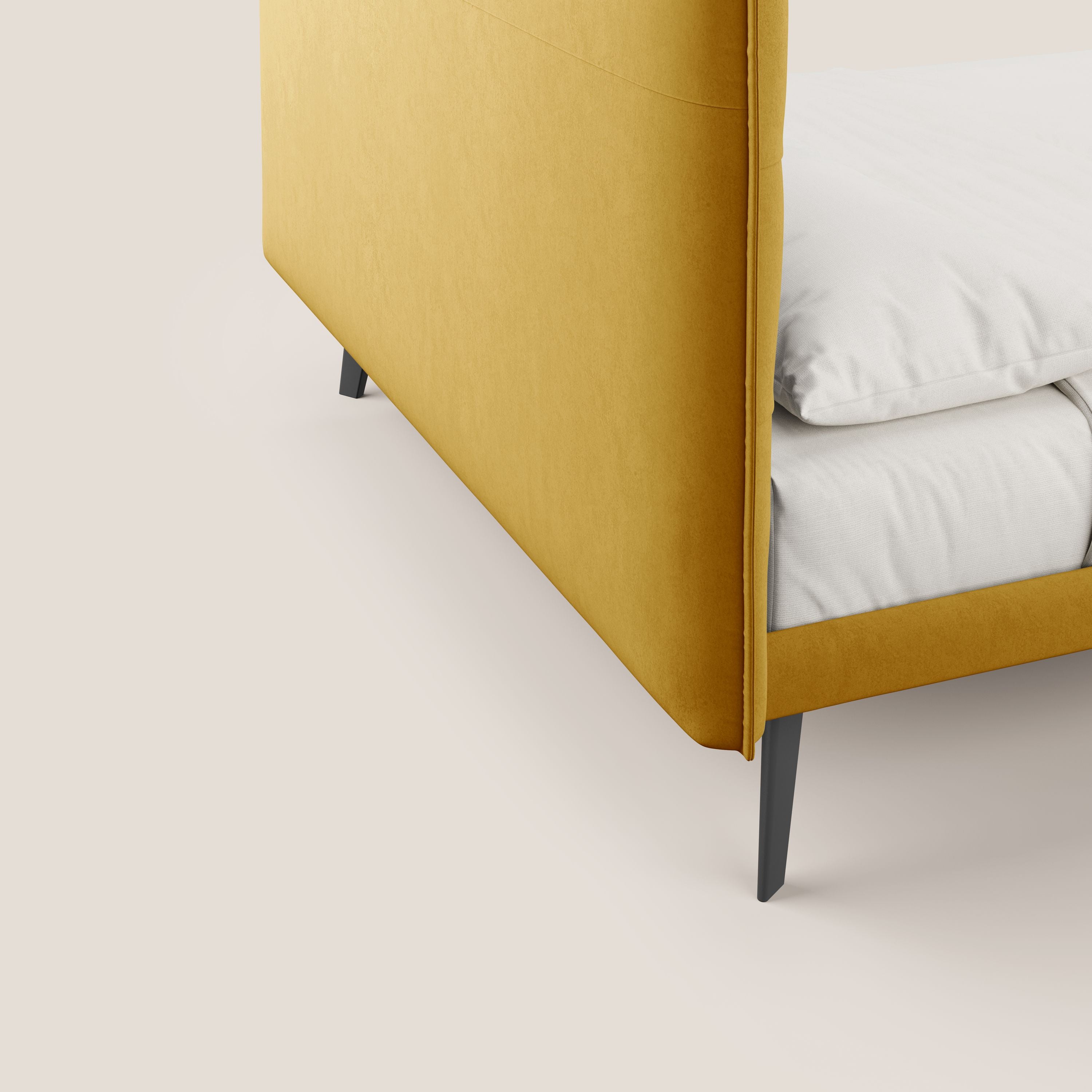 Brigitte letto con testata trapuntata piedi alti in mogano e tessuto impermeabile T09 giallo - divani.store
