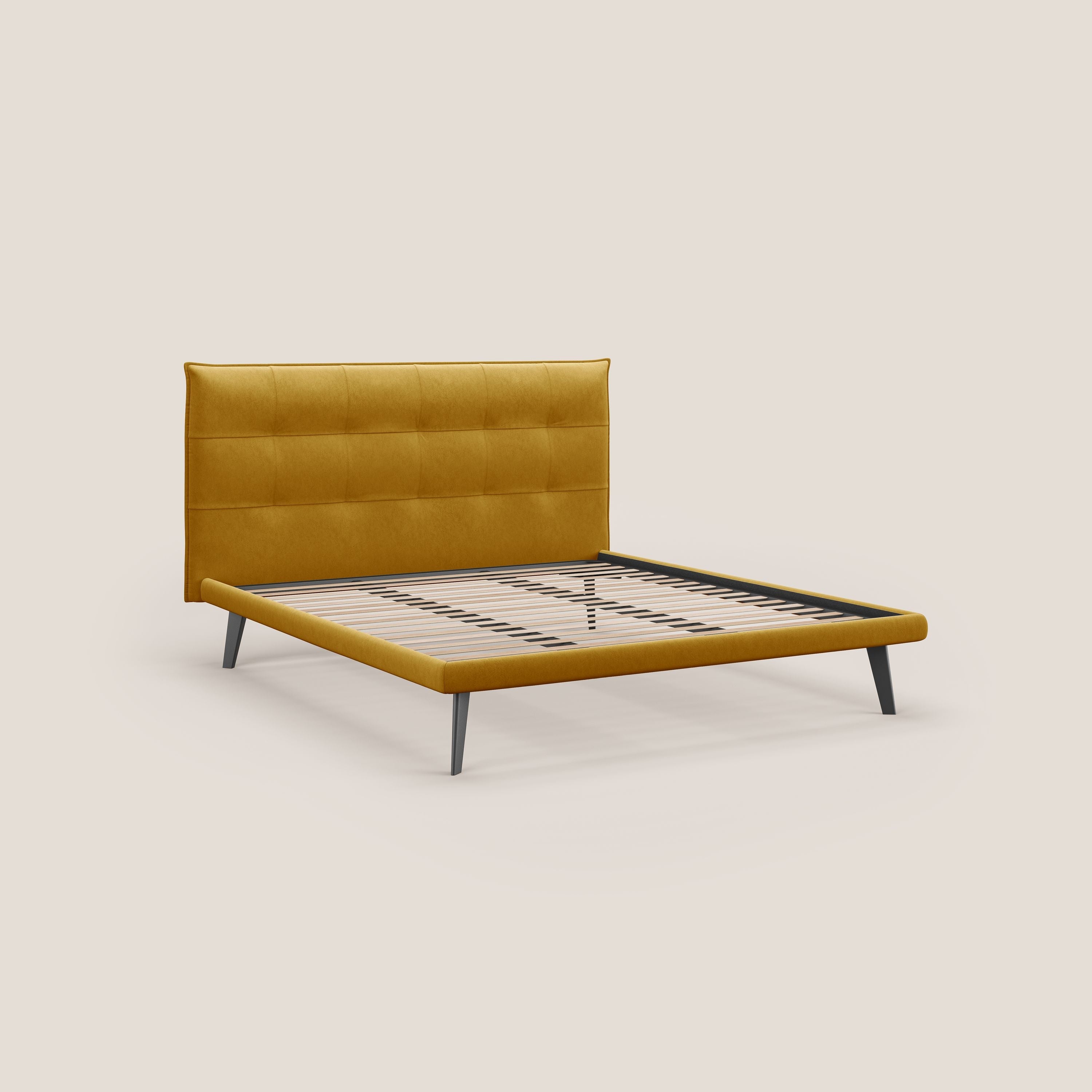 Brigitte letto con testata trapuntata piedi alti in mogano e tessuto impermeabile T09 giallo - divani.store