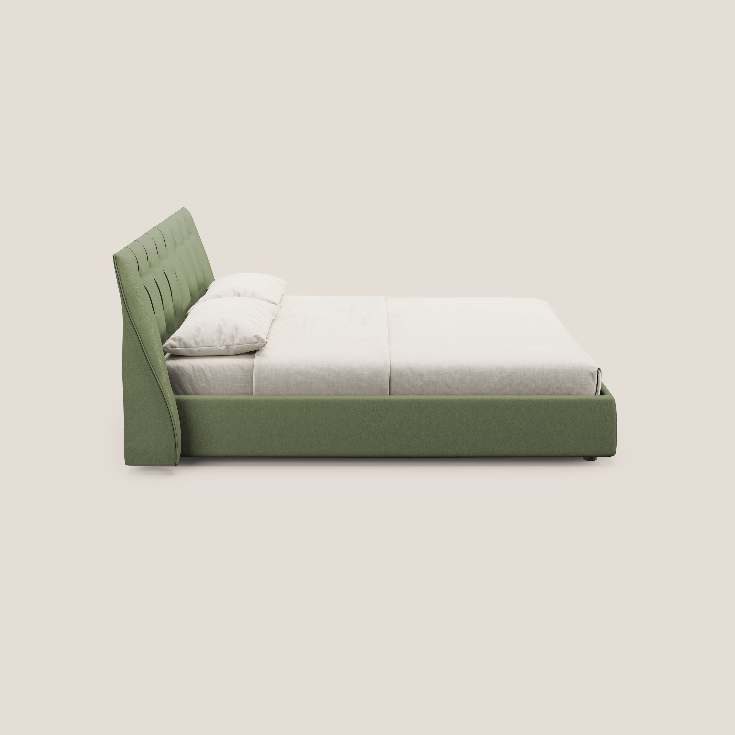 Clizia letto imbottito di design con vano contenitore in ecopelle impermeabile T04 verde - divani.store