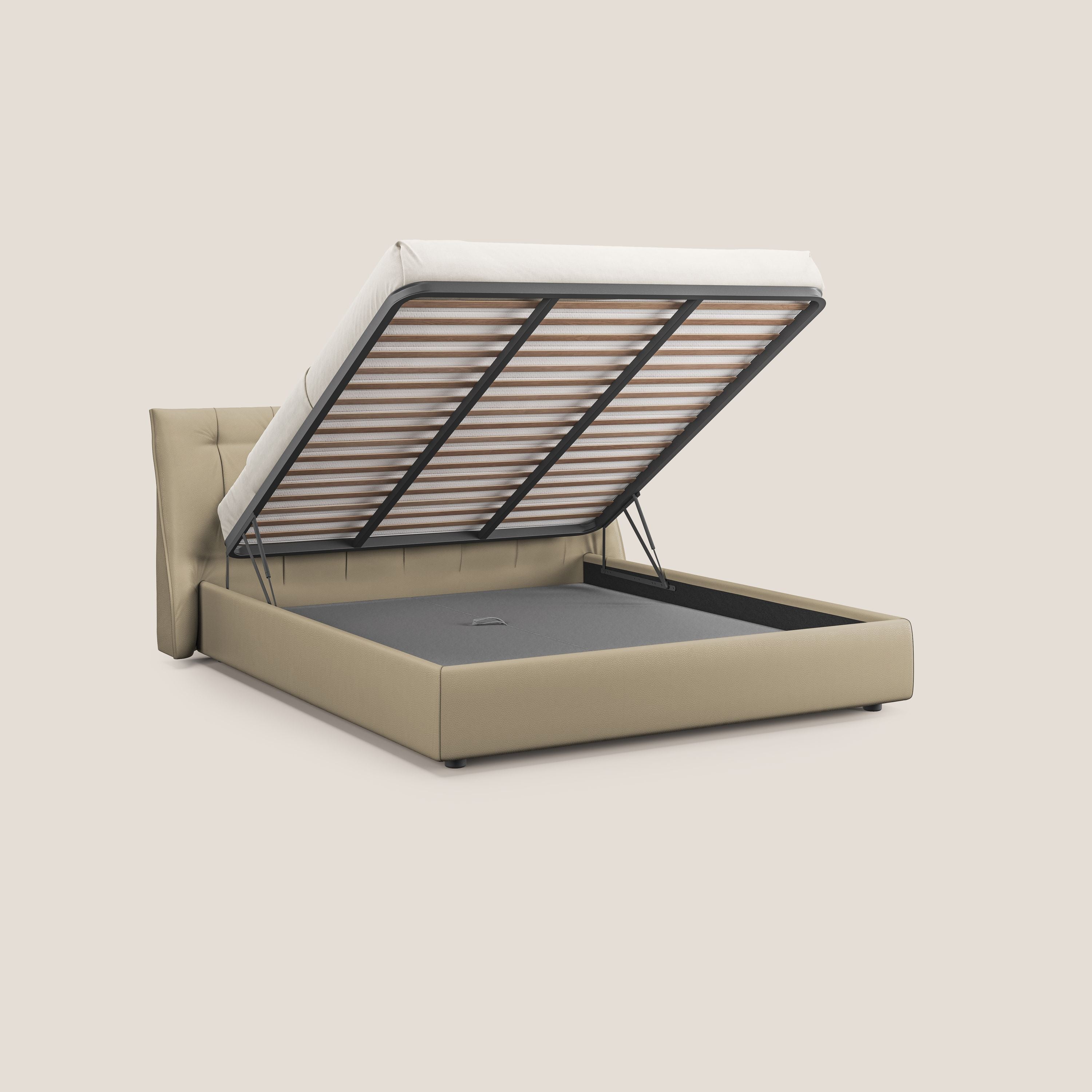 Clizia letto imbottito di design con vano contenitore in ecopelle impermeabile T04 panna - divani.store