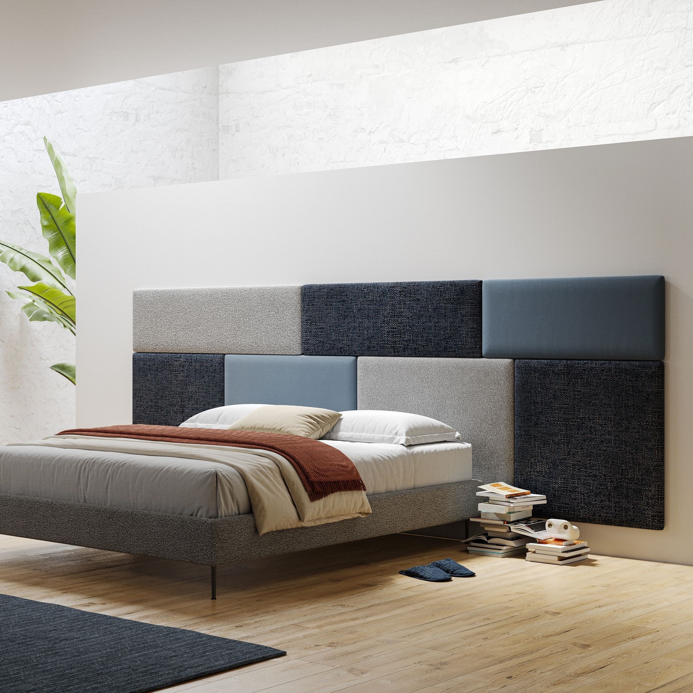 Testata pannello a muro media di varie dimensioni in morbido tessuto impermeabile T10 blu - divani.store