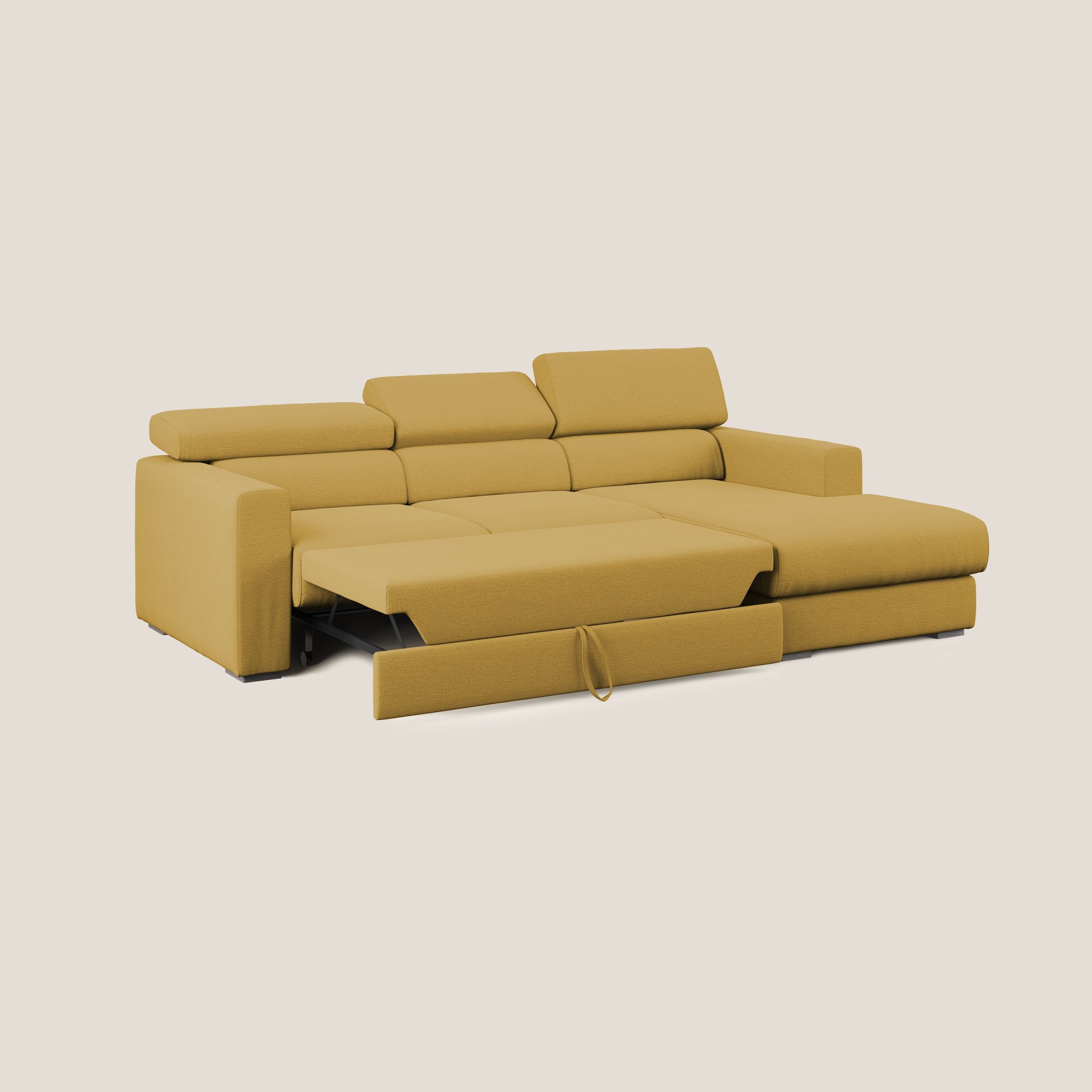 Dylan divano angolare con estraibile a cassettone in tessuto fiammato simil cotone impermeabile T19 giallo - divani.store