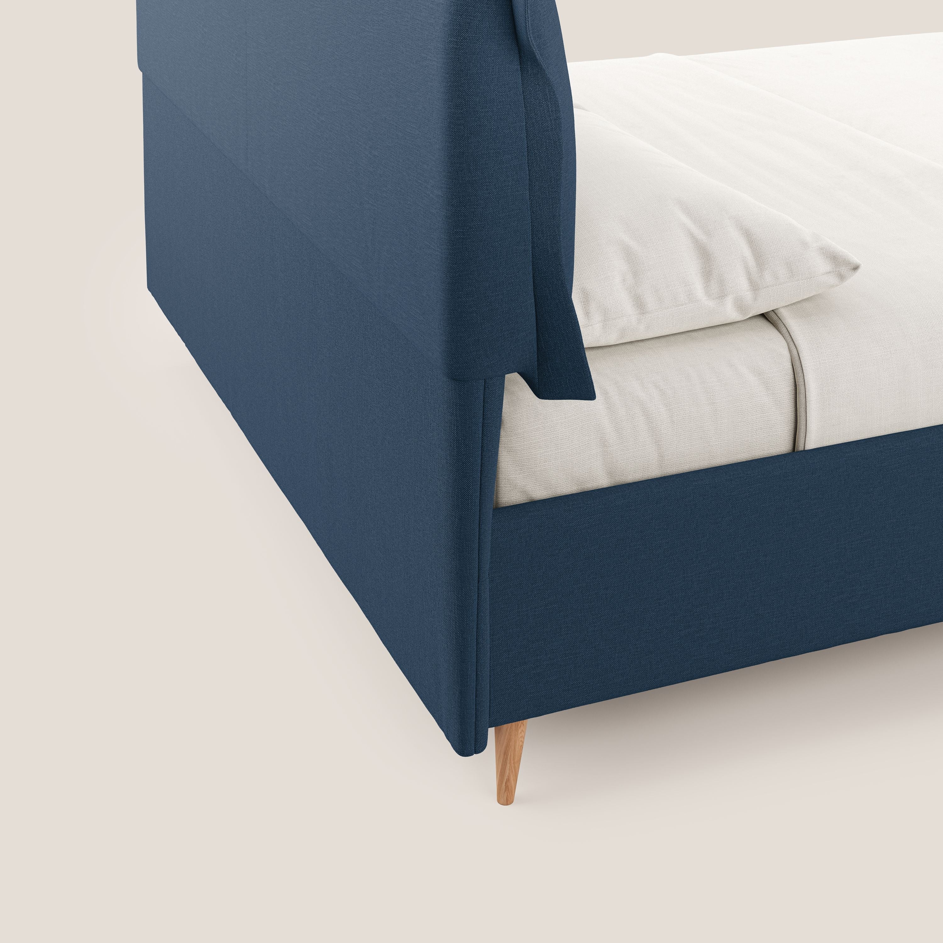 Elettra letto contenitore imbottito e sfoderabile con cuscini testata in tessuto impermeabile T13 blu - divani.store