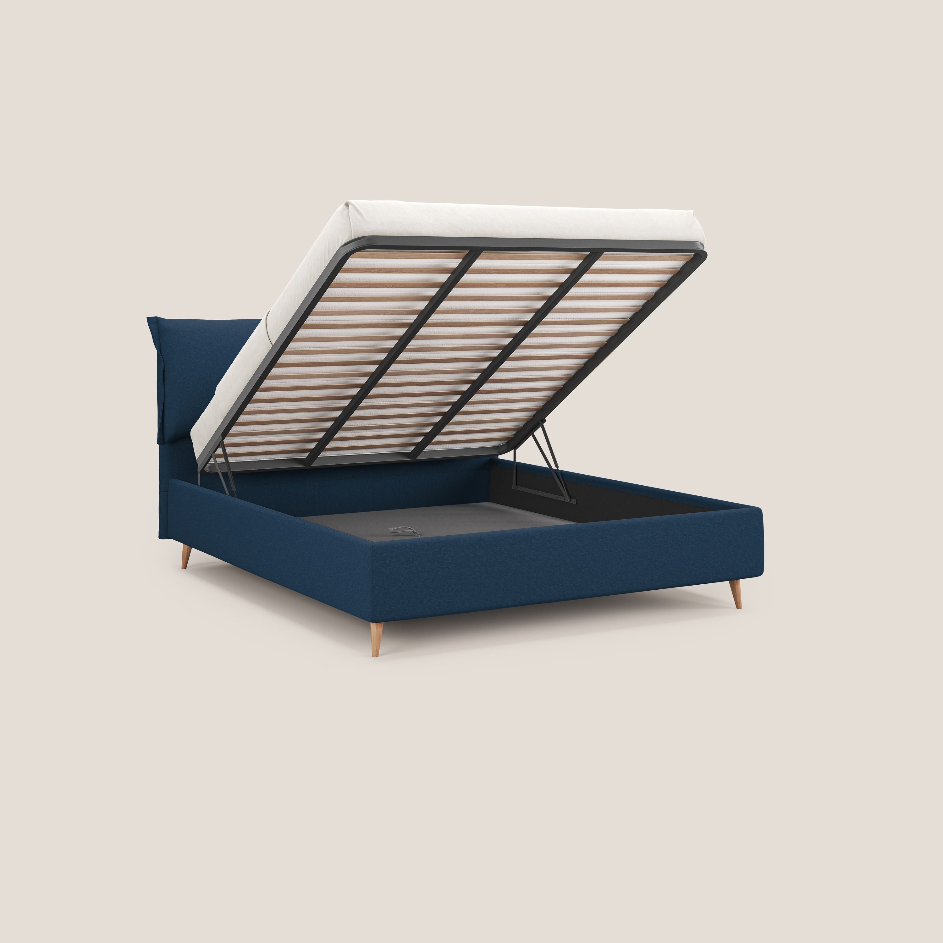 Elettra letto contenitore imbottito e sfoderabile con cuscini testata in tessuto impermeabile T13 blu - divani.store