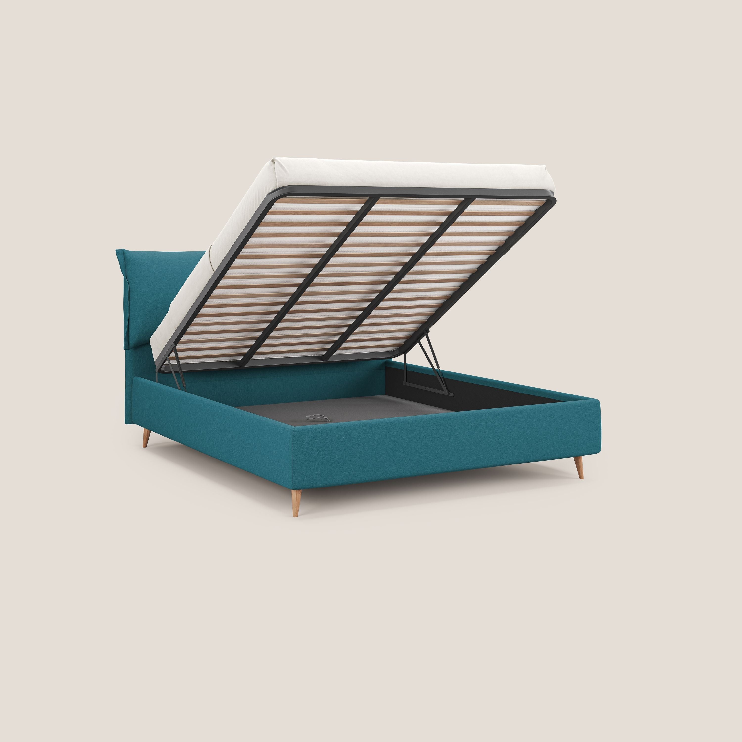 Elettra letto contenitore imbottito e sfoderabile con cuscini testata in tessuto impermeabile T13 azzurro - divani.store