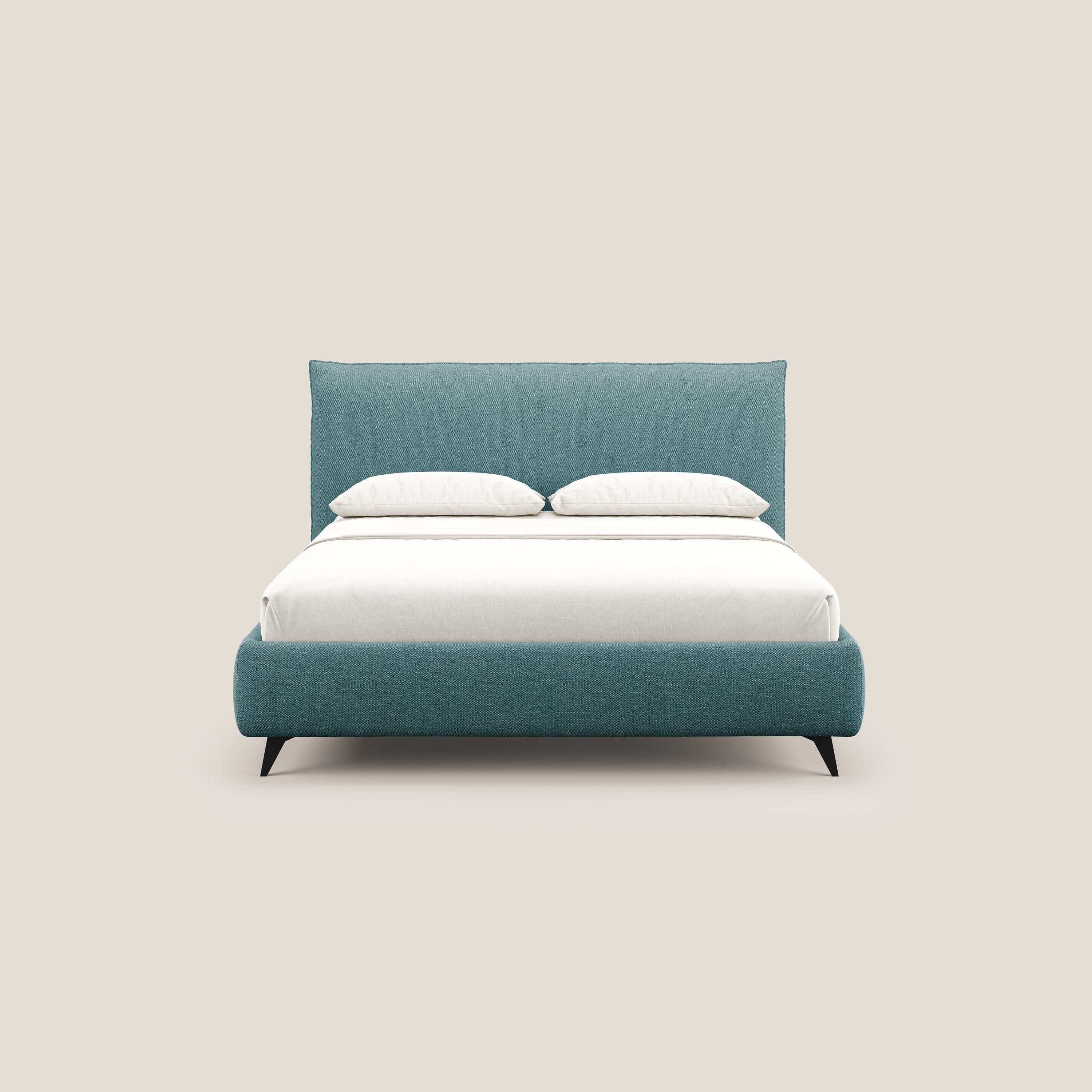 EROS letto imbottito in piuma con vano contenitore in pregiato e fresco bouclet smacchiabile T16 azzurro - divani.store