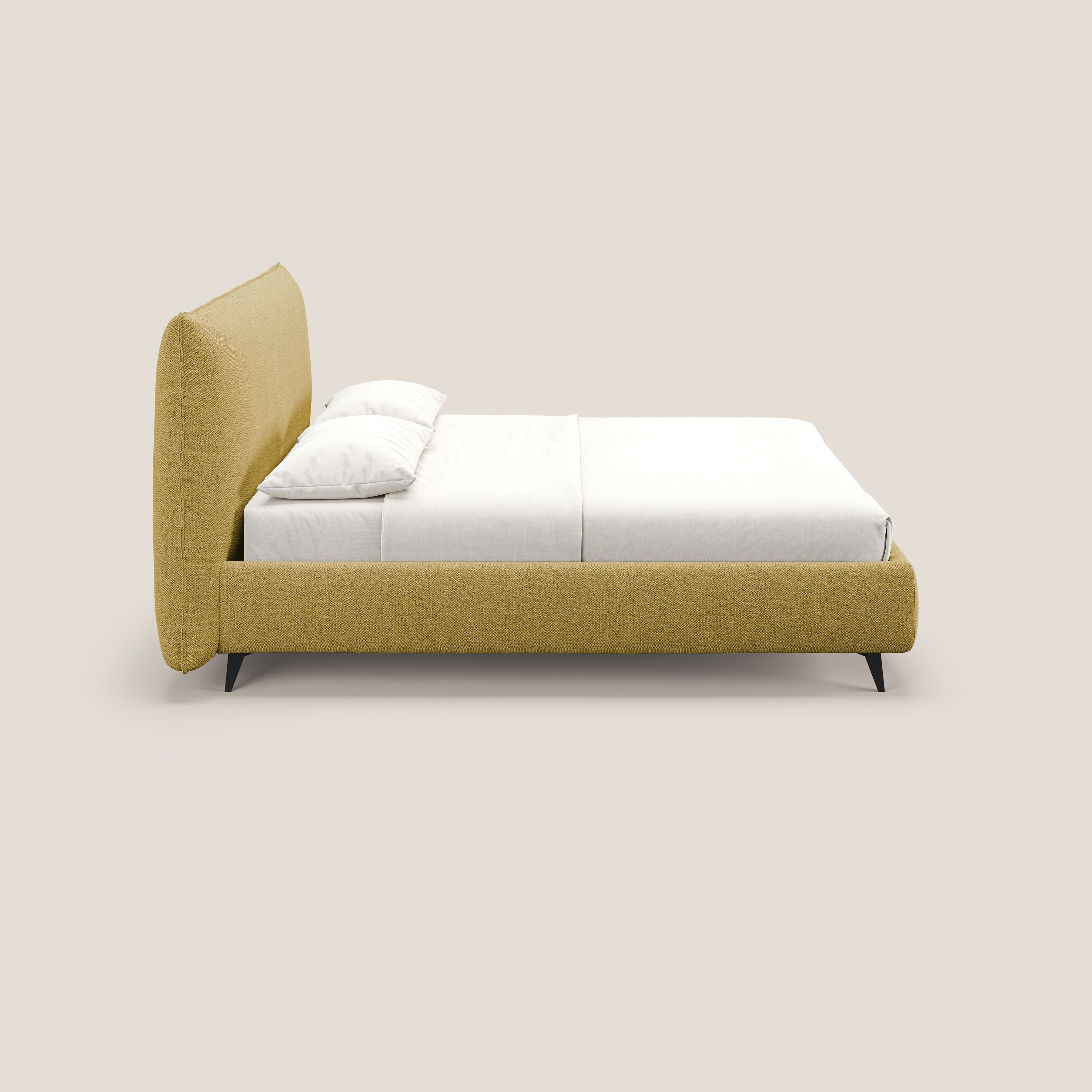 EROS letto imbottito in piuma con vano contenitore in pregiato e fresco bouclet smacchiabile T16 giallo - divani.store