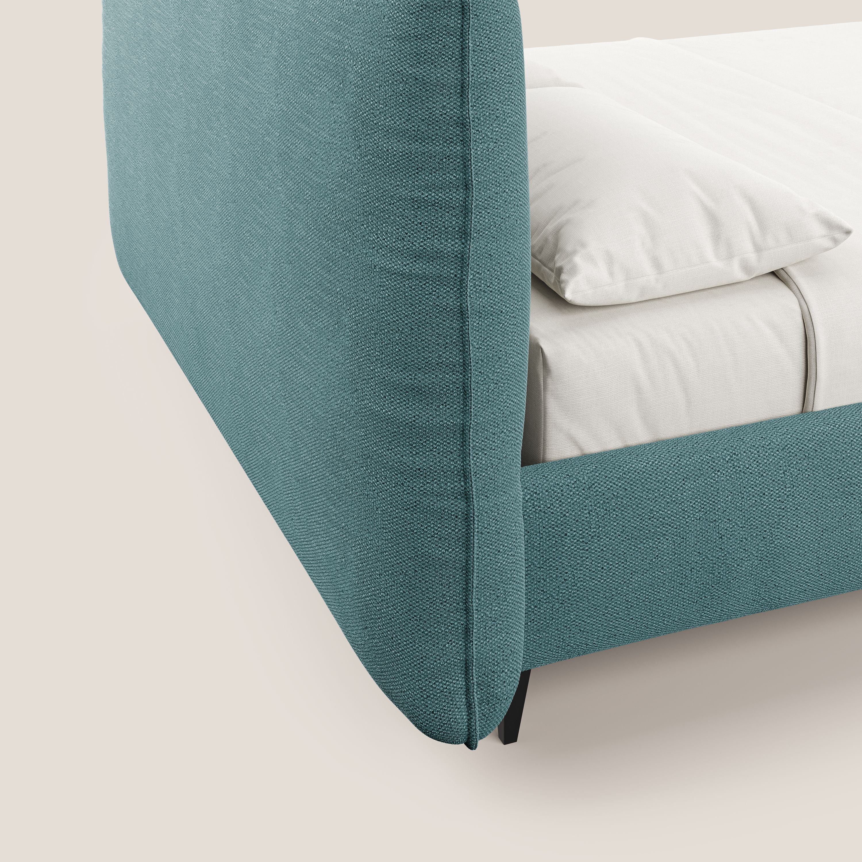 EROS letto imbottito in piuma con vano contenitore in pregiato e fresco bouclet smacchiabile T16 azzurro - divani.store