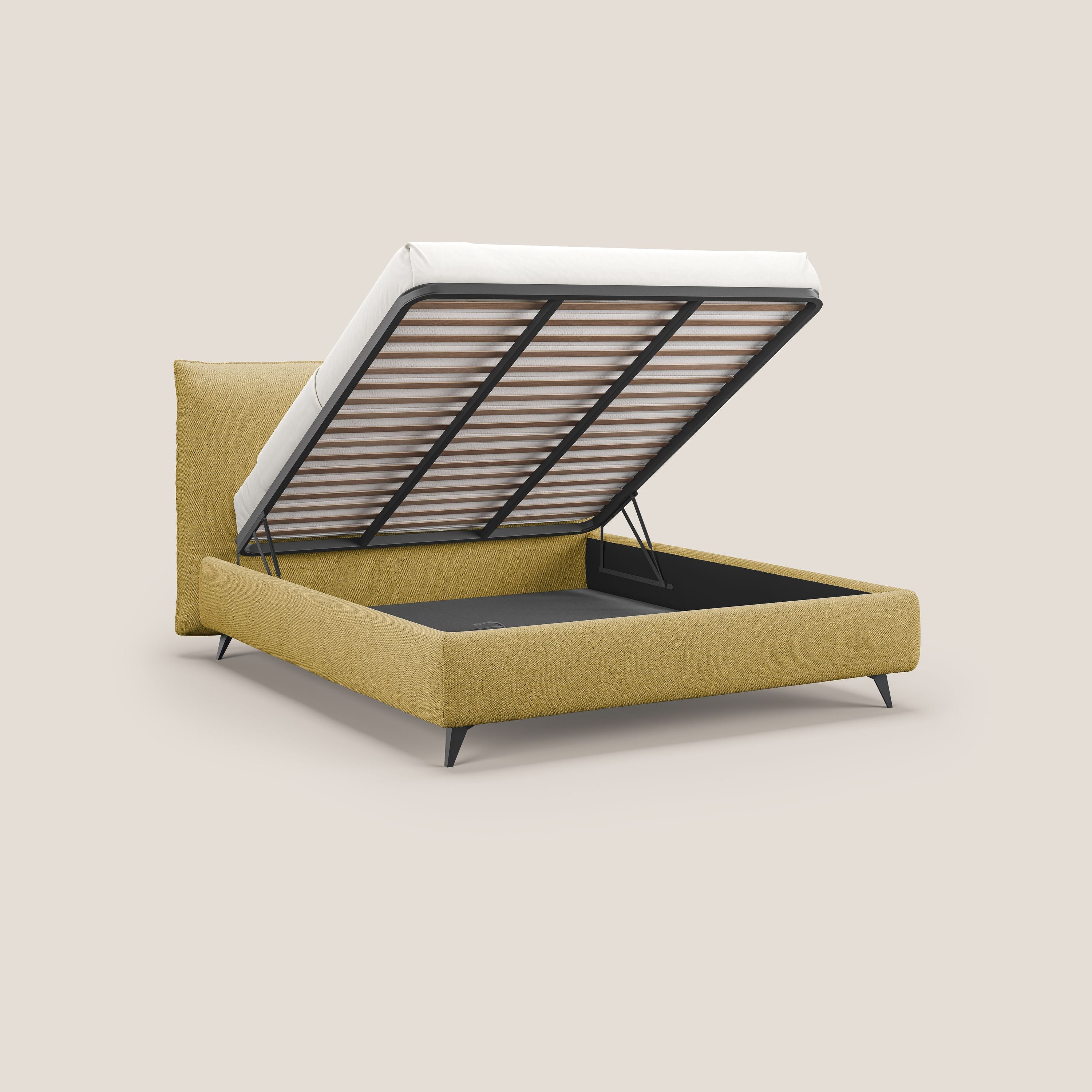 EROS letto imbottito in piuma con vano contenitore in pregiato e fresco bouclet smacchiabile T16 giallo - divani.store