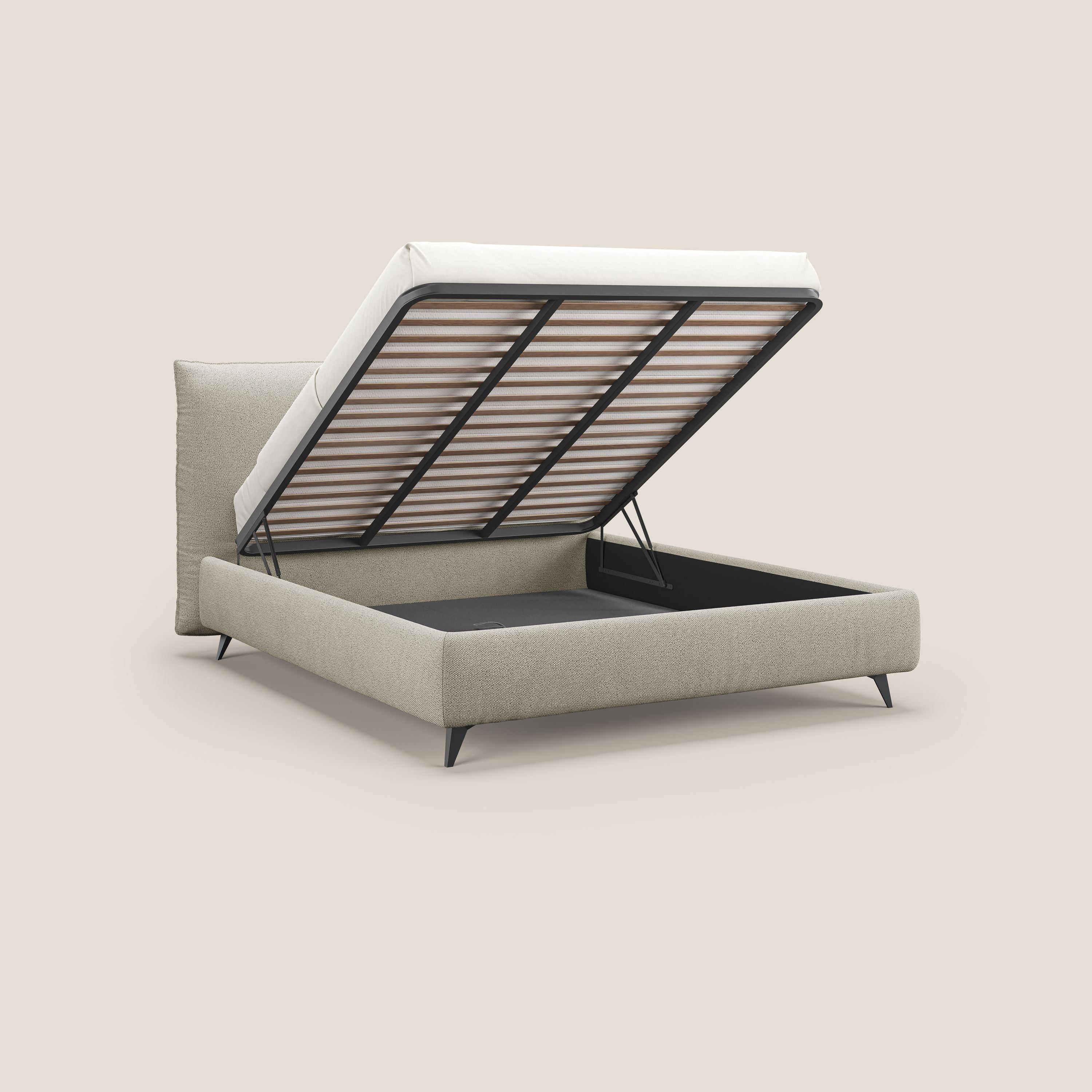 EROS letto imbottito in piuma con vano contenitore in pregiato e fresco bouclet smacchiabile T16 beige - divani.store