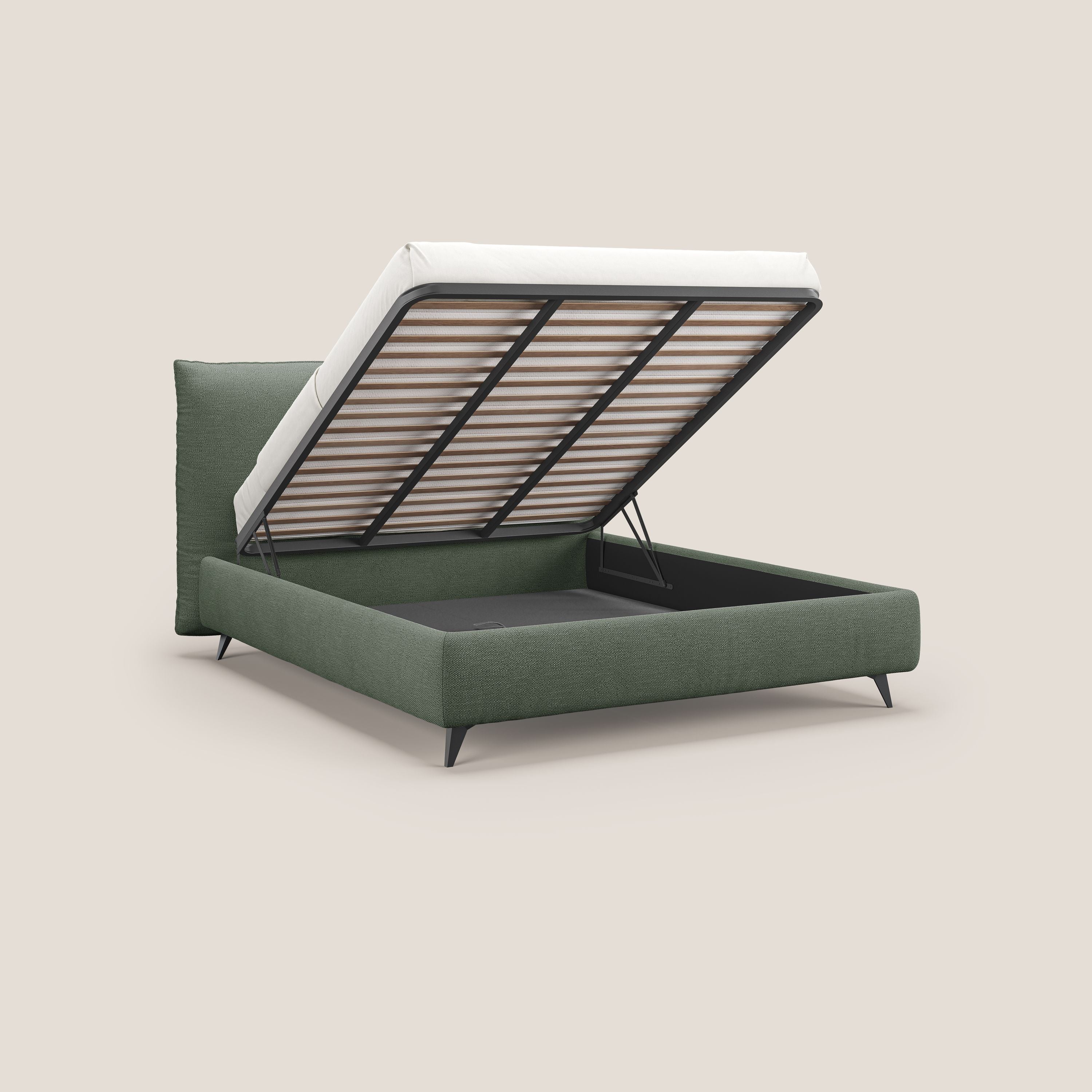 EROS letto imbottito in piuma con vano contenitore in pregiato e fresco bouclet smacchiabile T16 verde - divani.store