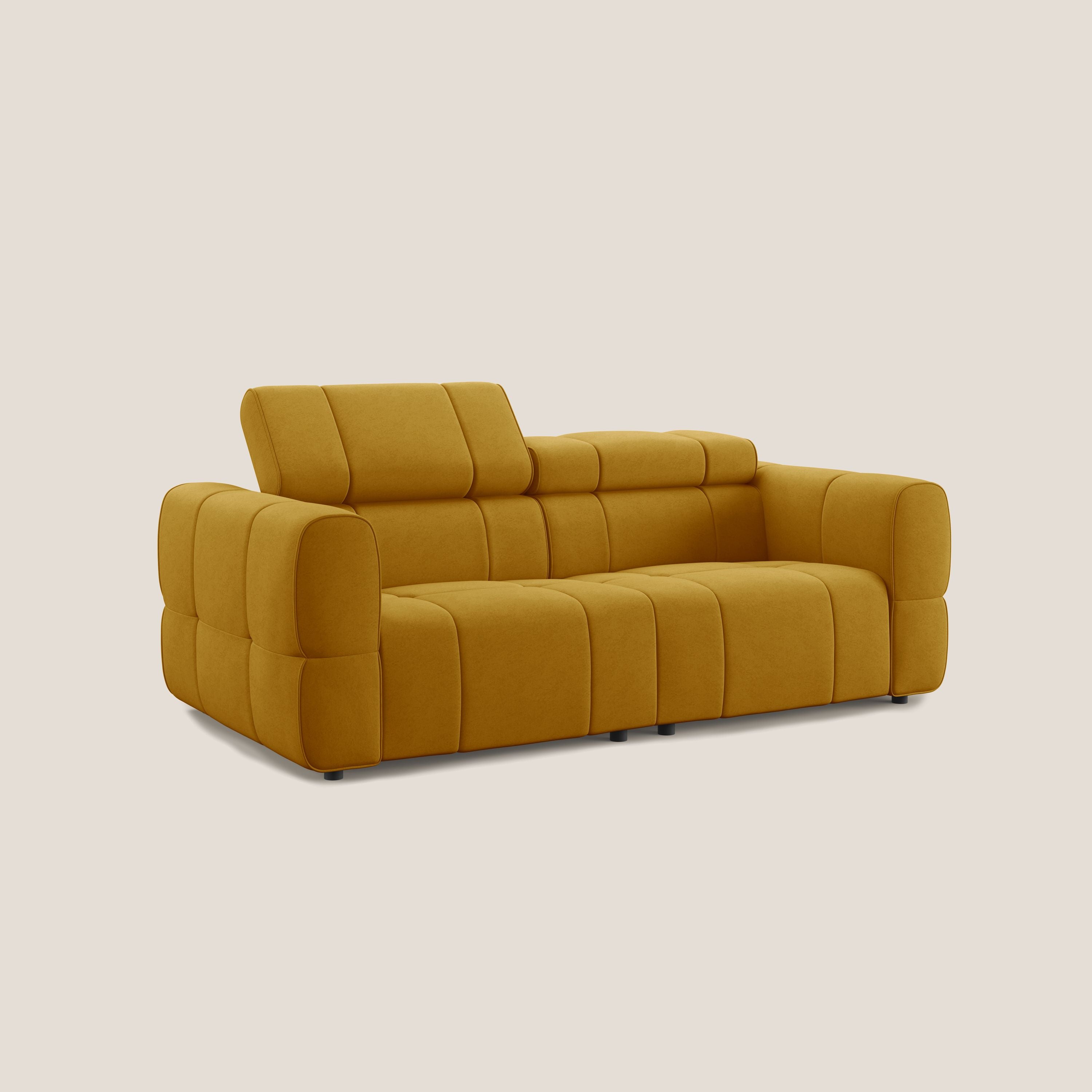 Giotto Divano modulare con opzione relax elettrico in microfibra effetto velluto impermeabile T09 giallo - divani.store