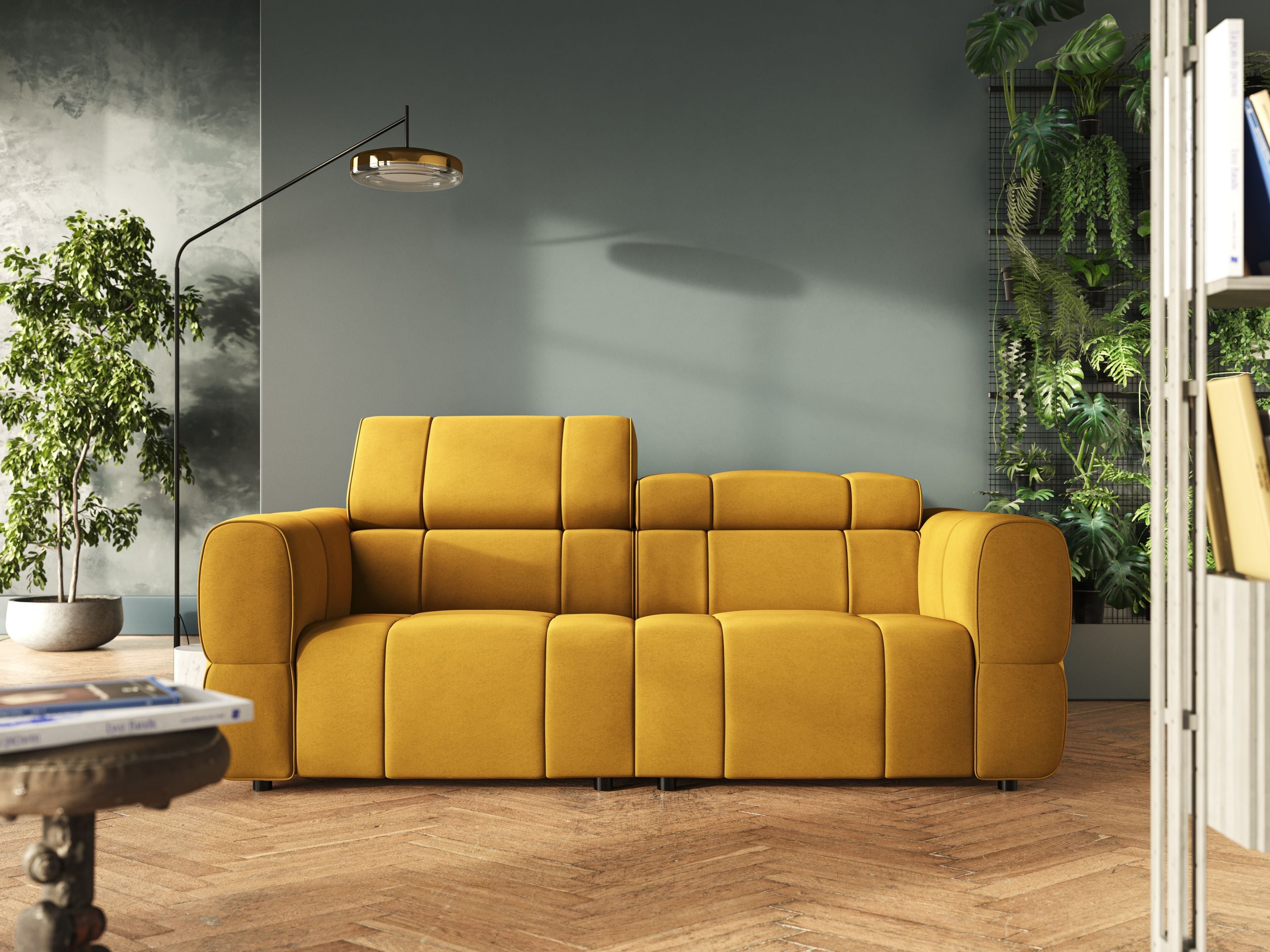 Giotto Divano modulare con opzione relax elettrico in microfibra effetto velluto impermeabile T09 giallo - divani.store