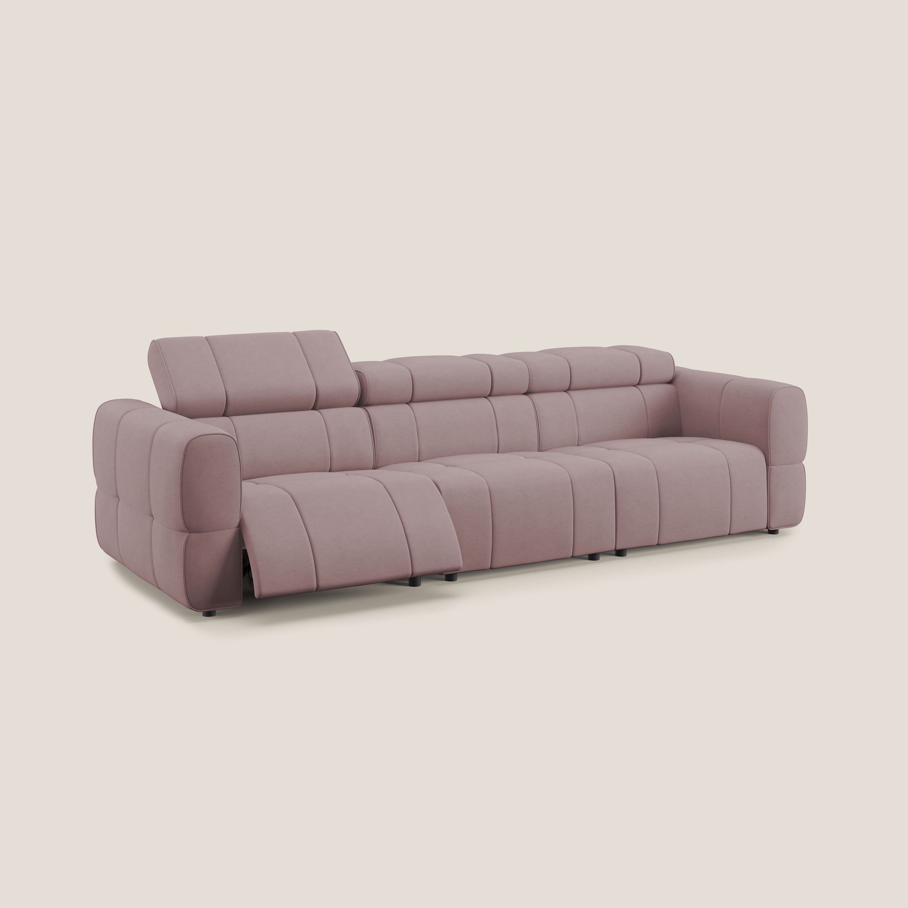 Giotto Divano modulare a 3 sedute con opzione relax elettrico in microfibra effetto velluto impermeabile T09 rosa - divani.store