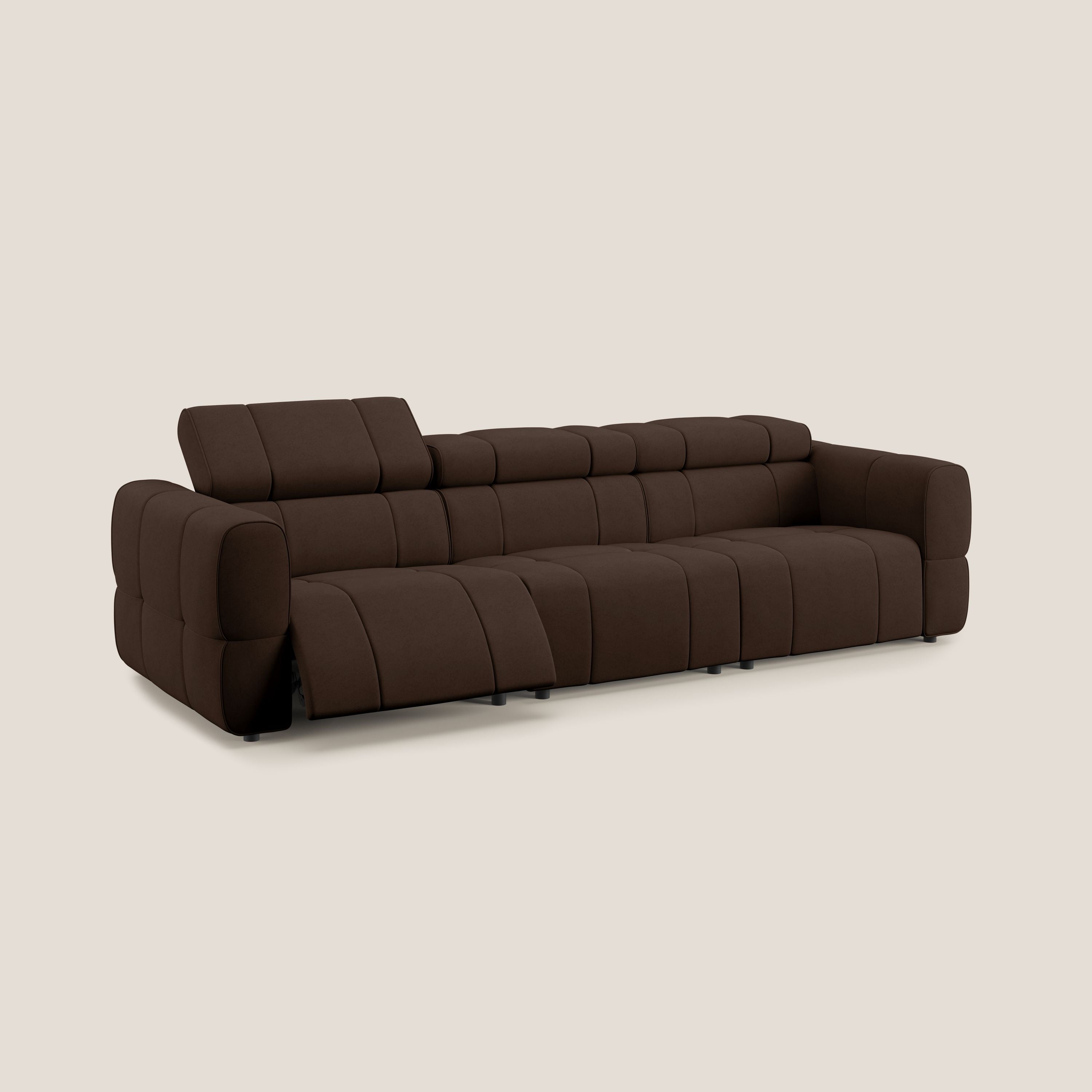 Giotto Divano modulare a 3 sedute con opzione relax elettrico in microfibra effetto velluto impermeabile T09 marrone - divani.store