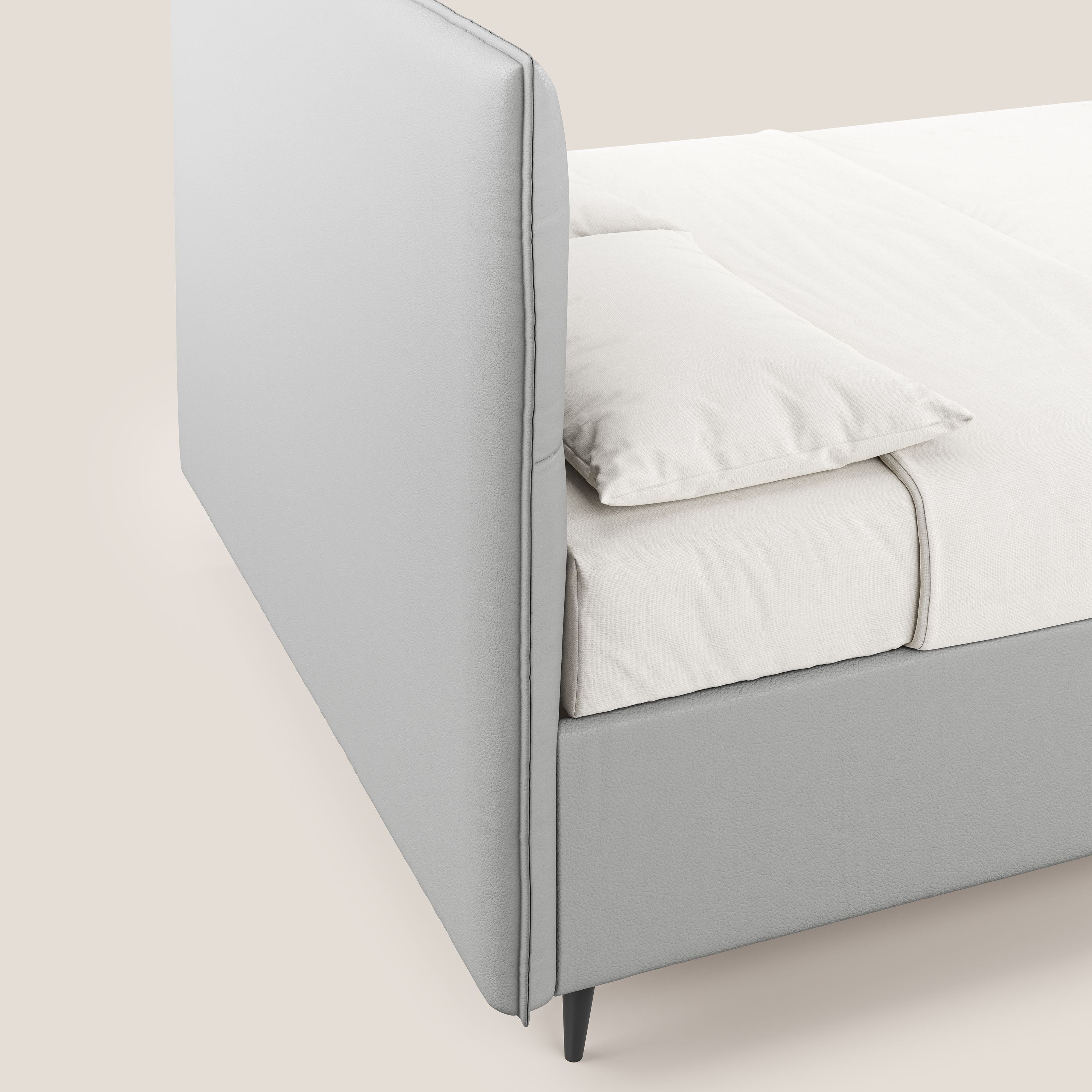 Greta letto contenitore dimensioni SLIM con testata trapuntata in ecopelle impermeabile T04 grigio chiaro - divani.store