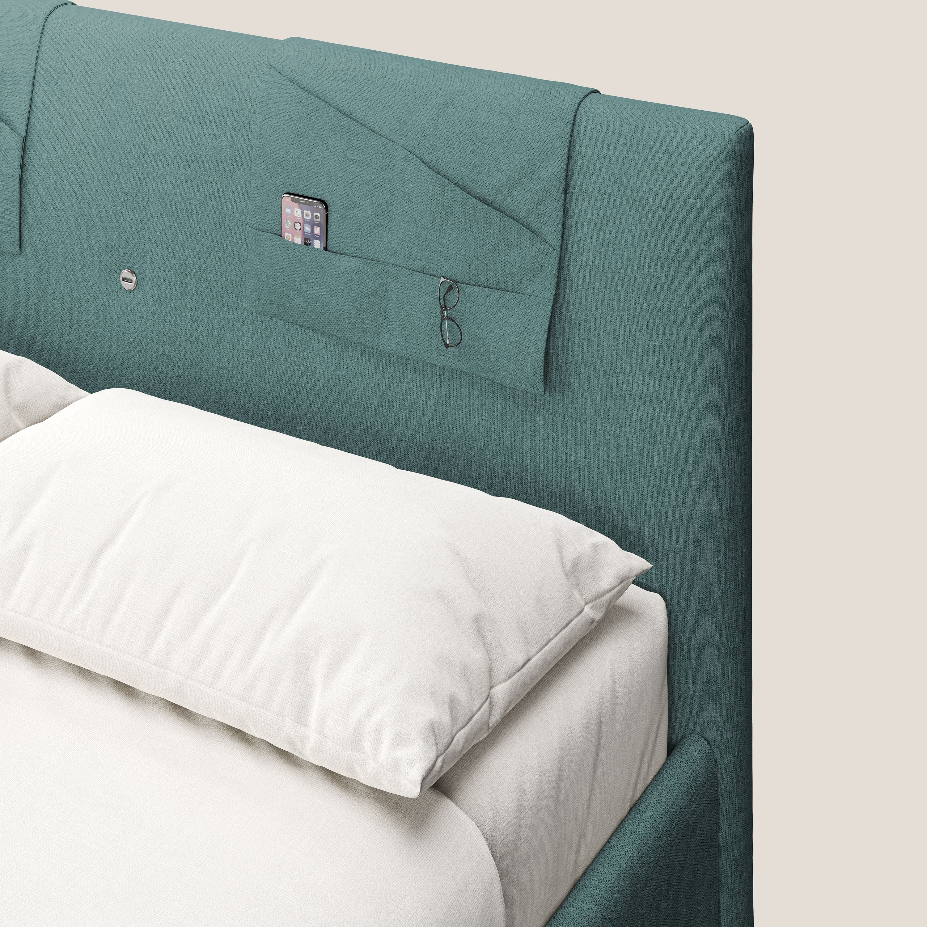 Horus letto imbottito contenitore e presa USB sulla testata in tessuto impermeabile T02 petrolio - divani.store