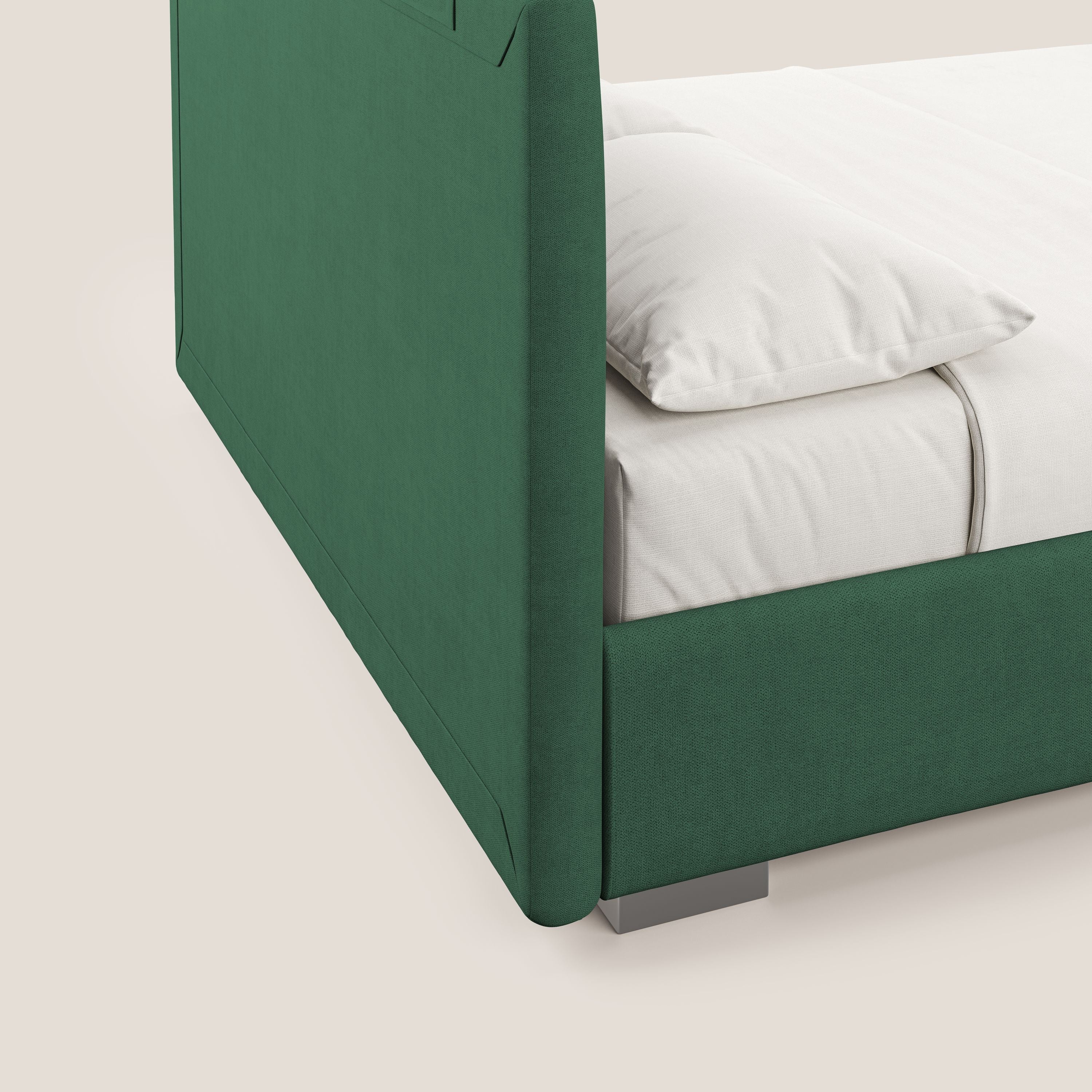 Horus letto imbottito contenitore e presa USB sulla testata in tessuto impermeabile T02 verde - divani.store