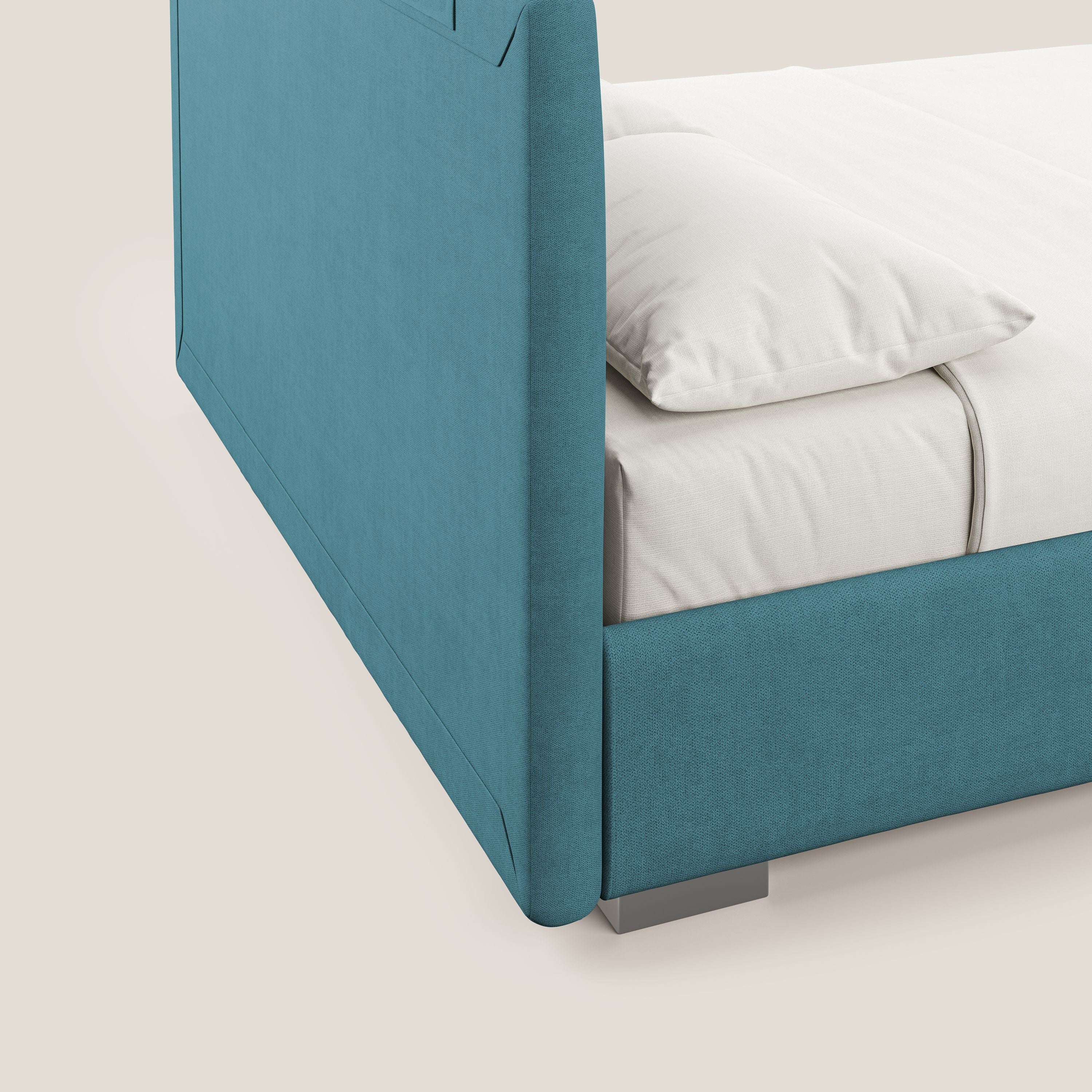 Horus letto imbottito contenitore e presa USB sulla testata in tessuto impermeabile T02 azzurro - divani.store