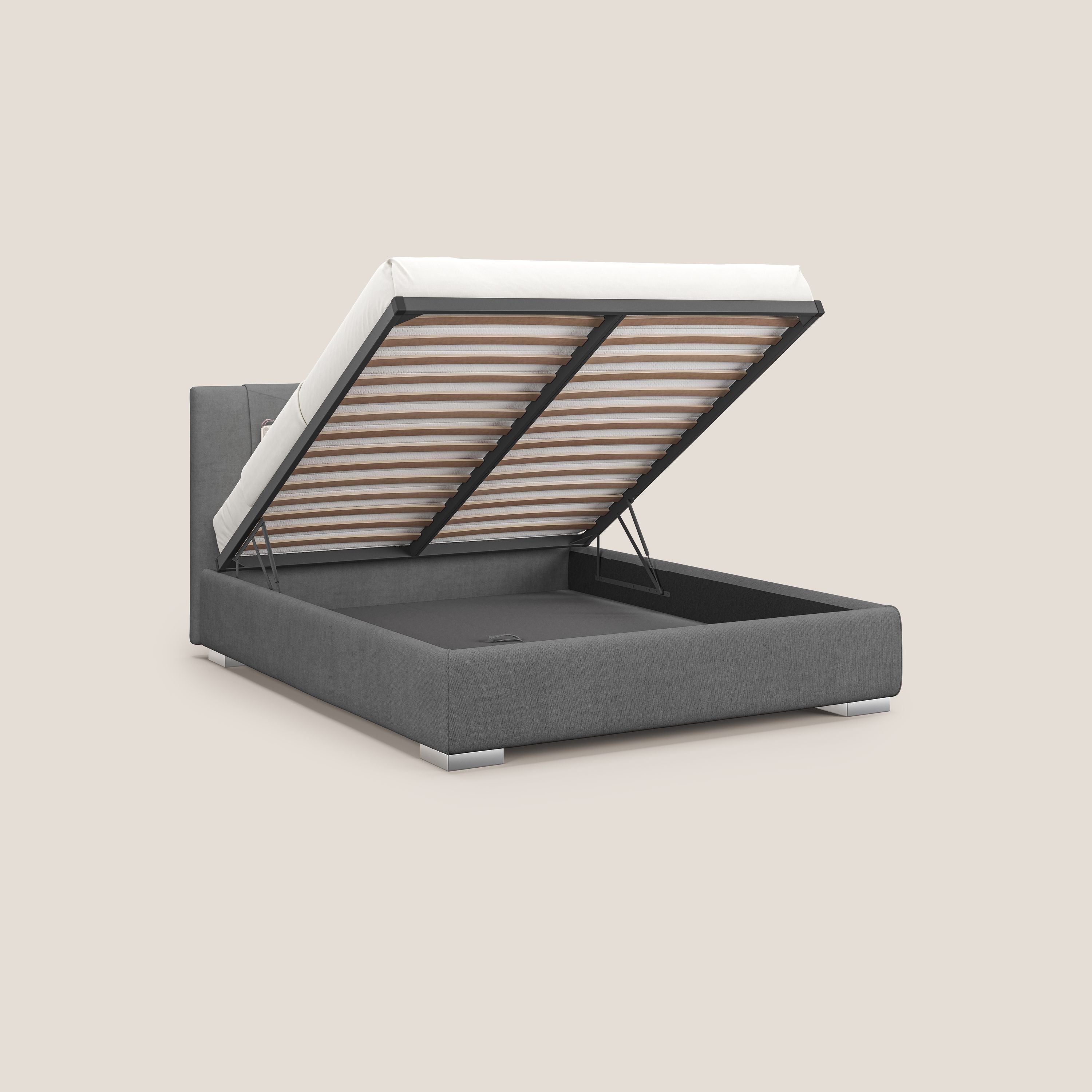Horus letto imbottito contenitore e presa USB sulla testata in tessuto impermeabile T02 grigio - divani.store