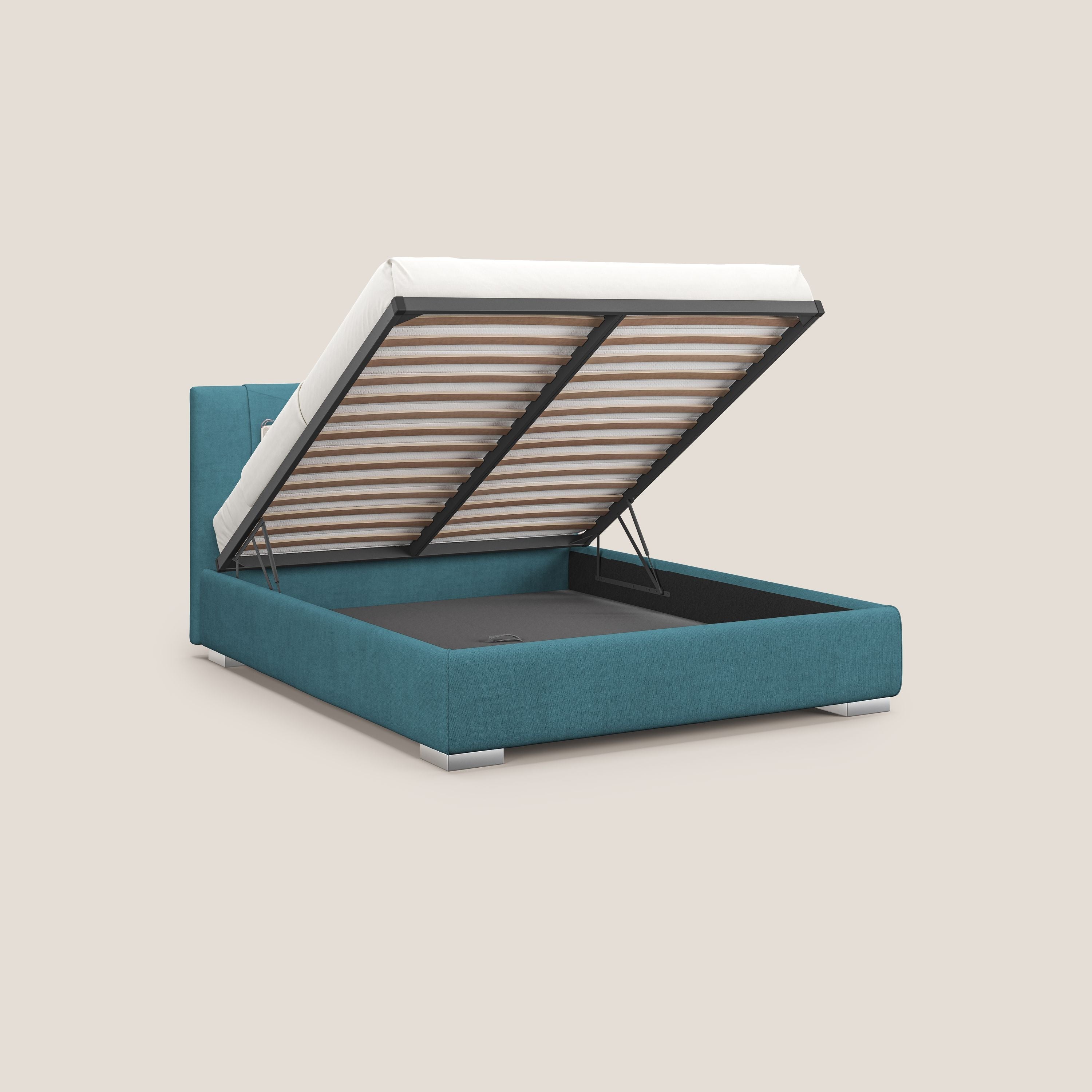 Horus letto imbottito contenitore e presa USB sulla testata in tessuto impermeabile T02 azzurro - divani.store