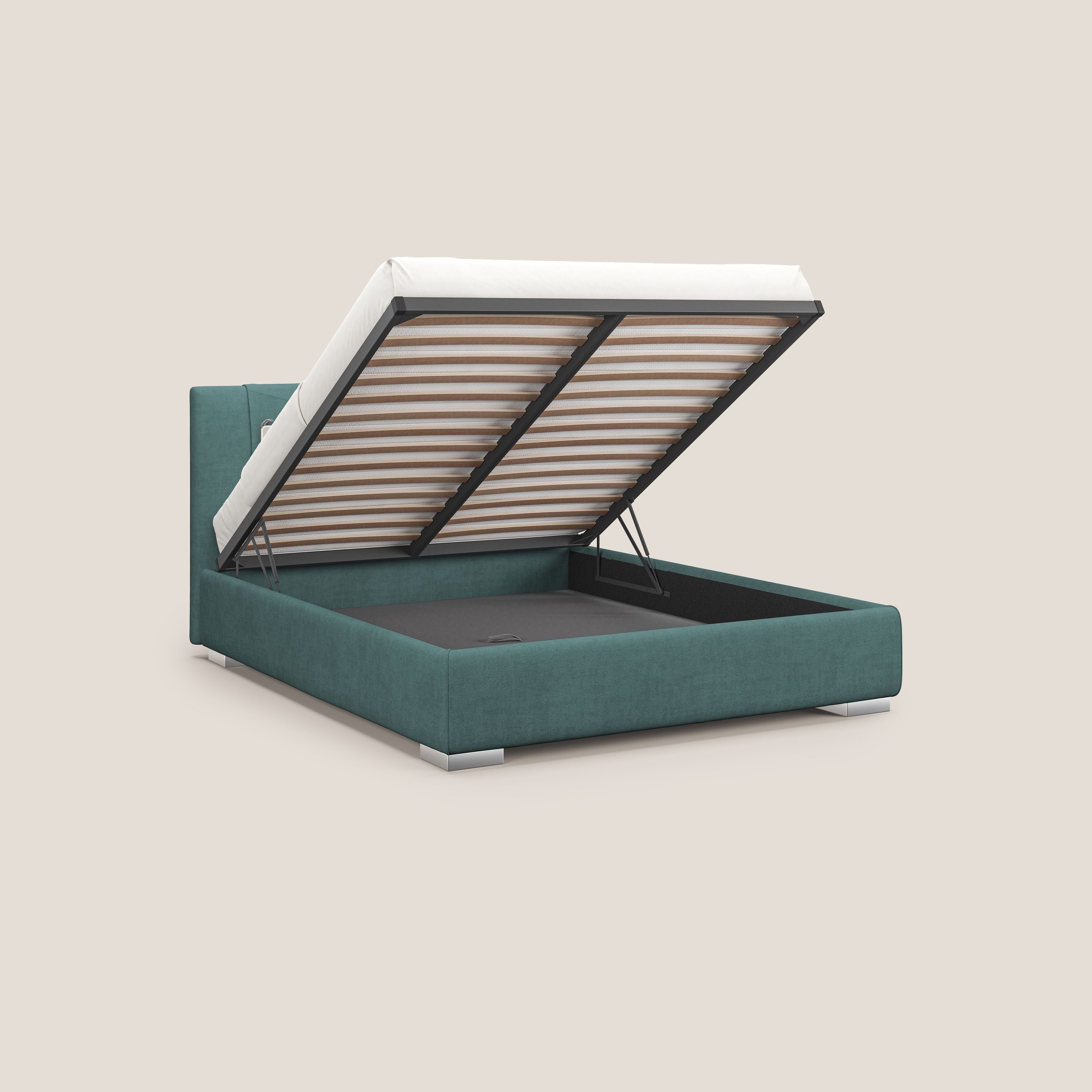 Horus letto imbottito contenitore e presa USB sulla testata in tessuto impermeabile T02 petrolio - divani.store