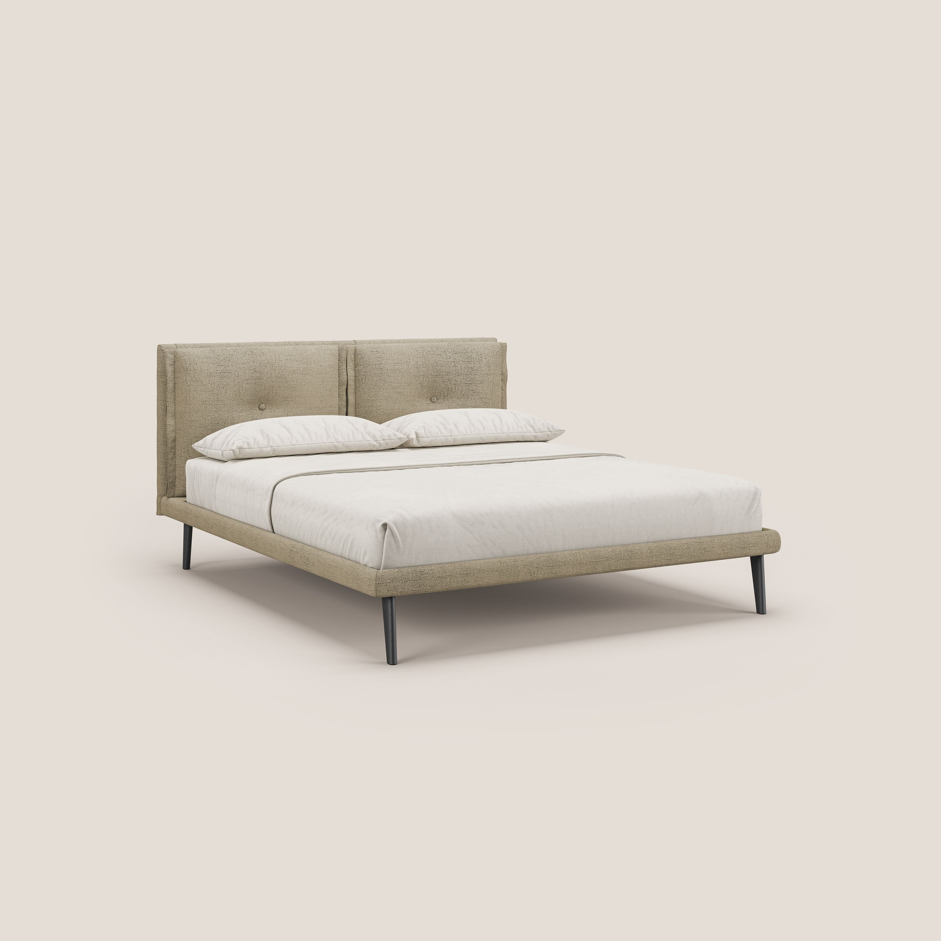 Ibuki letto con cuscini trapuntati regolabili e piedi in mogano in tessuto fiammato impermeabile T03 beige - divani.store