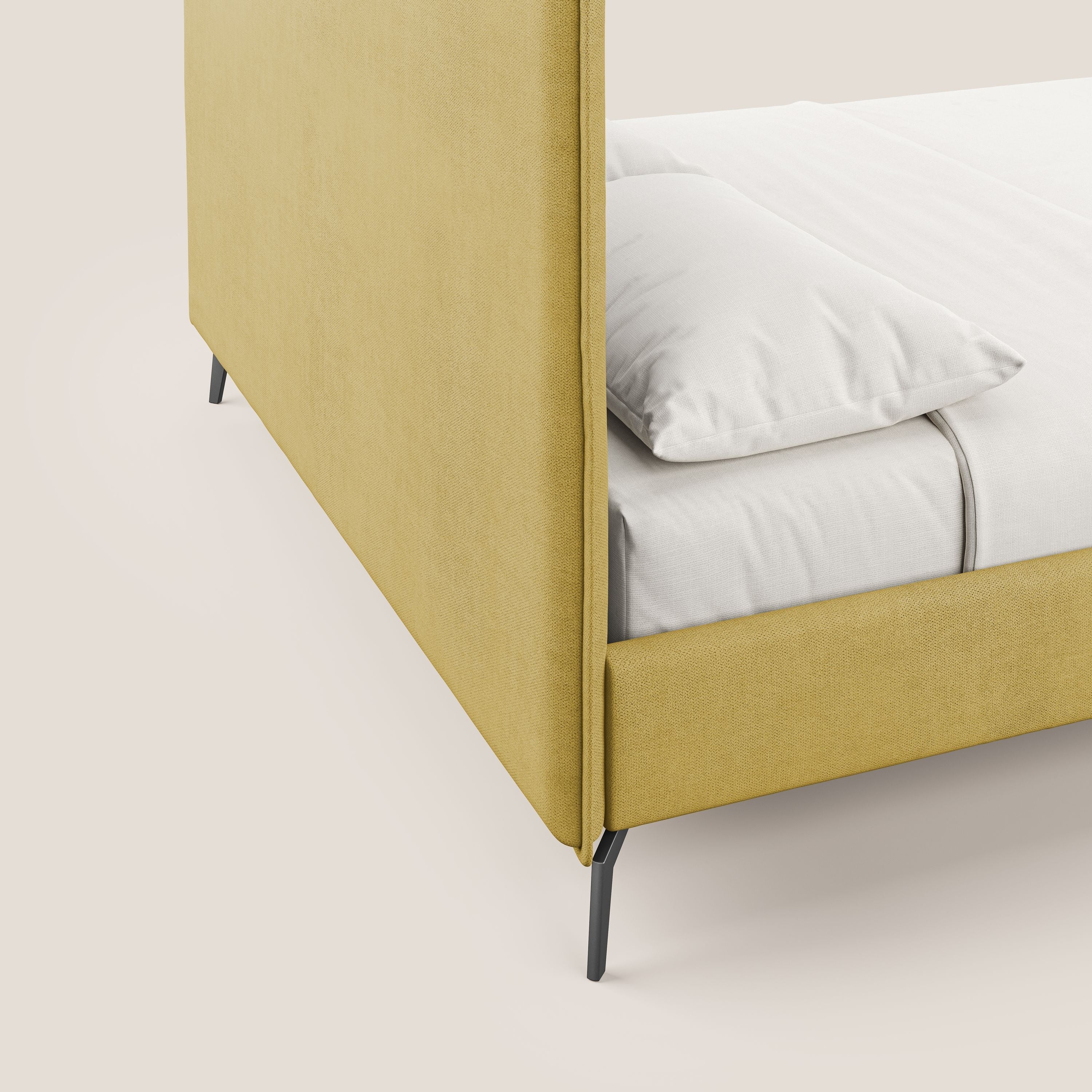 Iris letto imbottito con piedini neri sfoderabile in tessuto impermeabile T02 giallo - divani.store