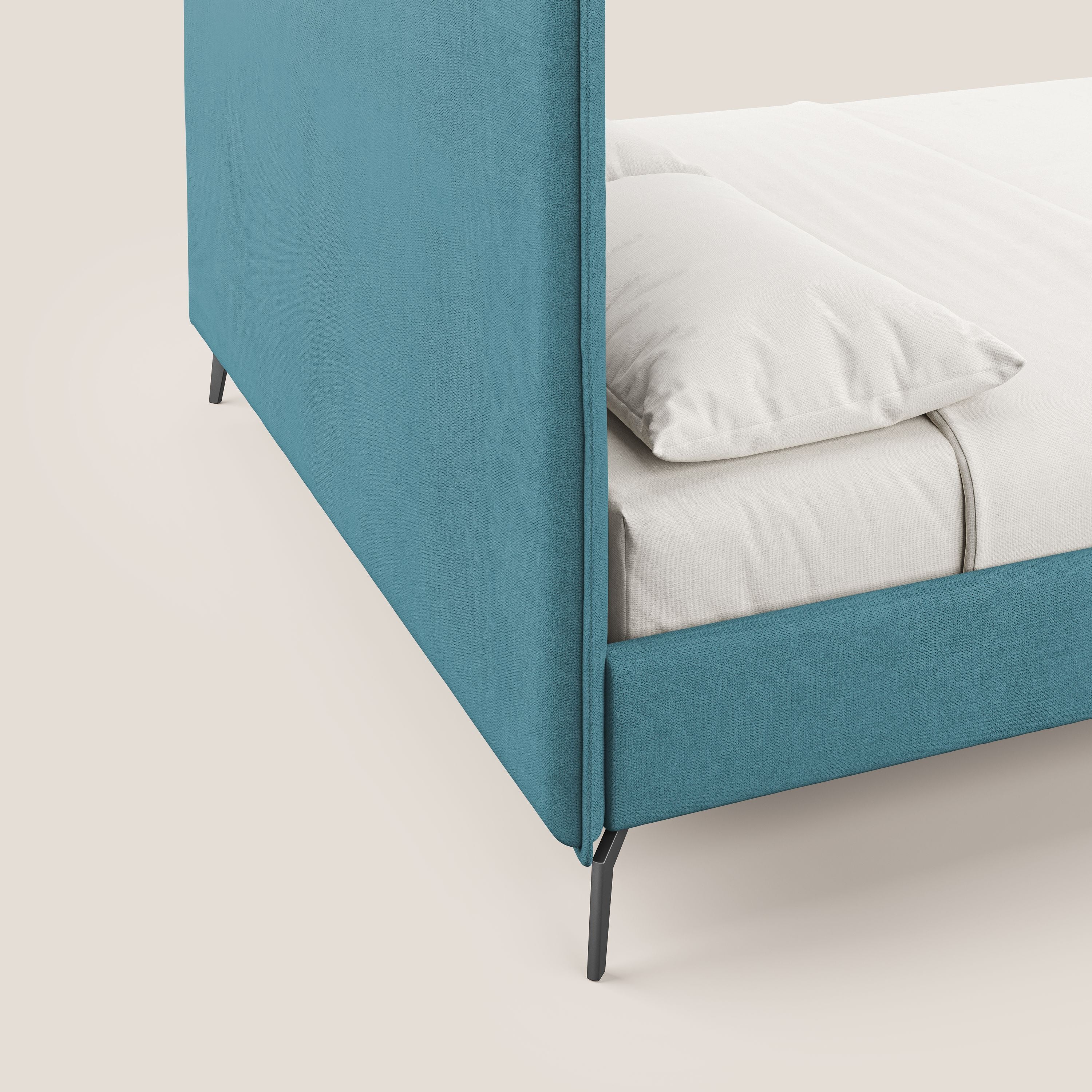 Iris letto imbottito con piedini neri sfoderabile in tessuto impermeabile T02 azzurro - divani.store
